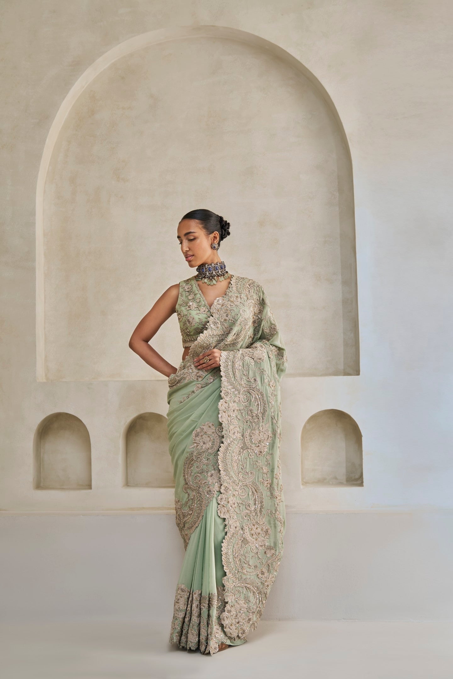Emerald Tide Elegance Saree And Blouse Set