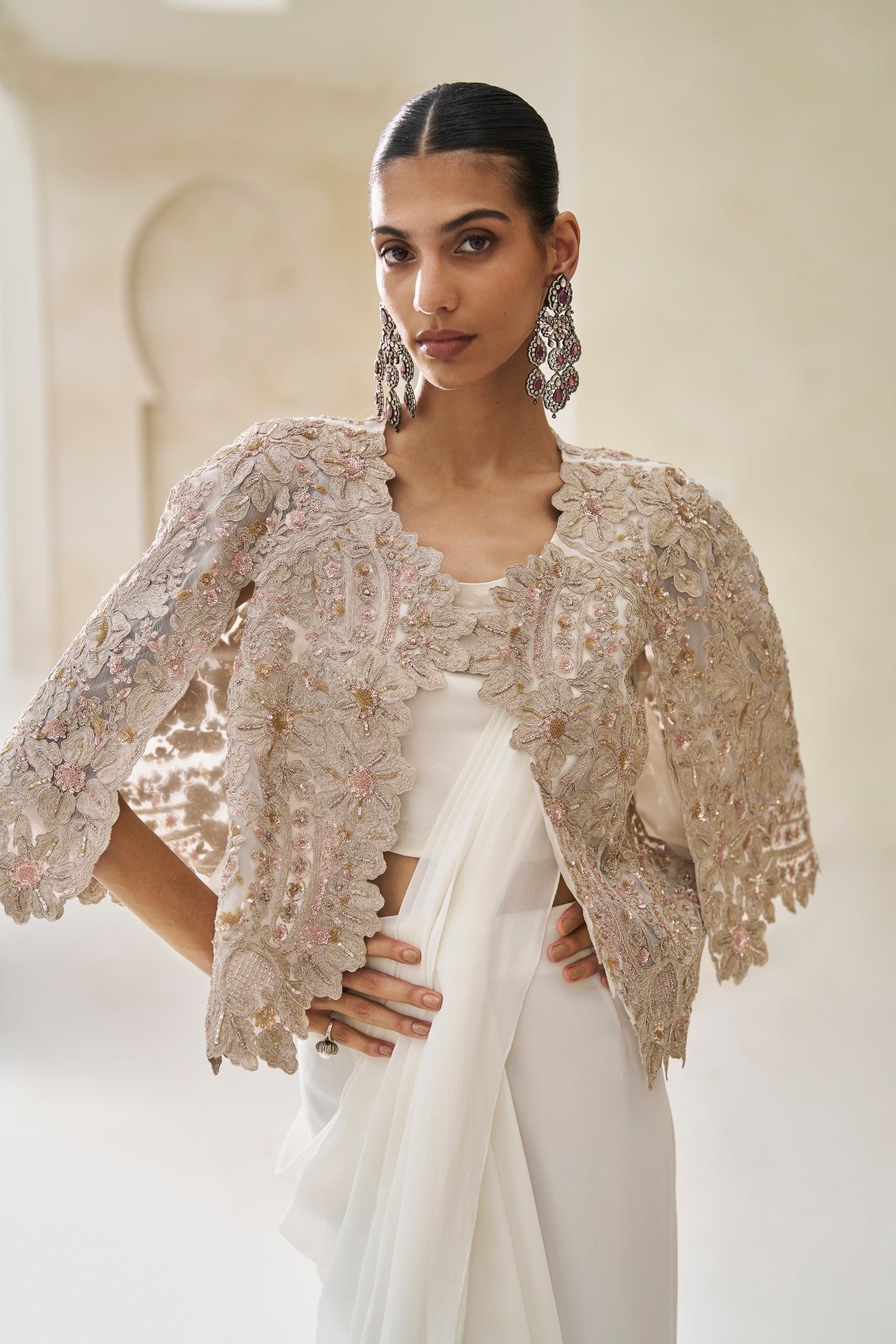 Wisper In Gold Saree And Cape Set