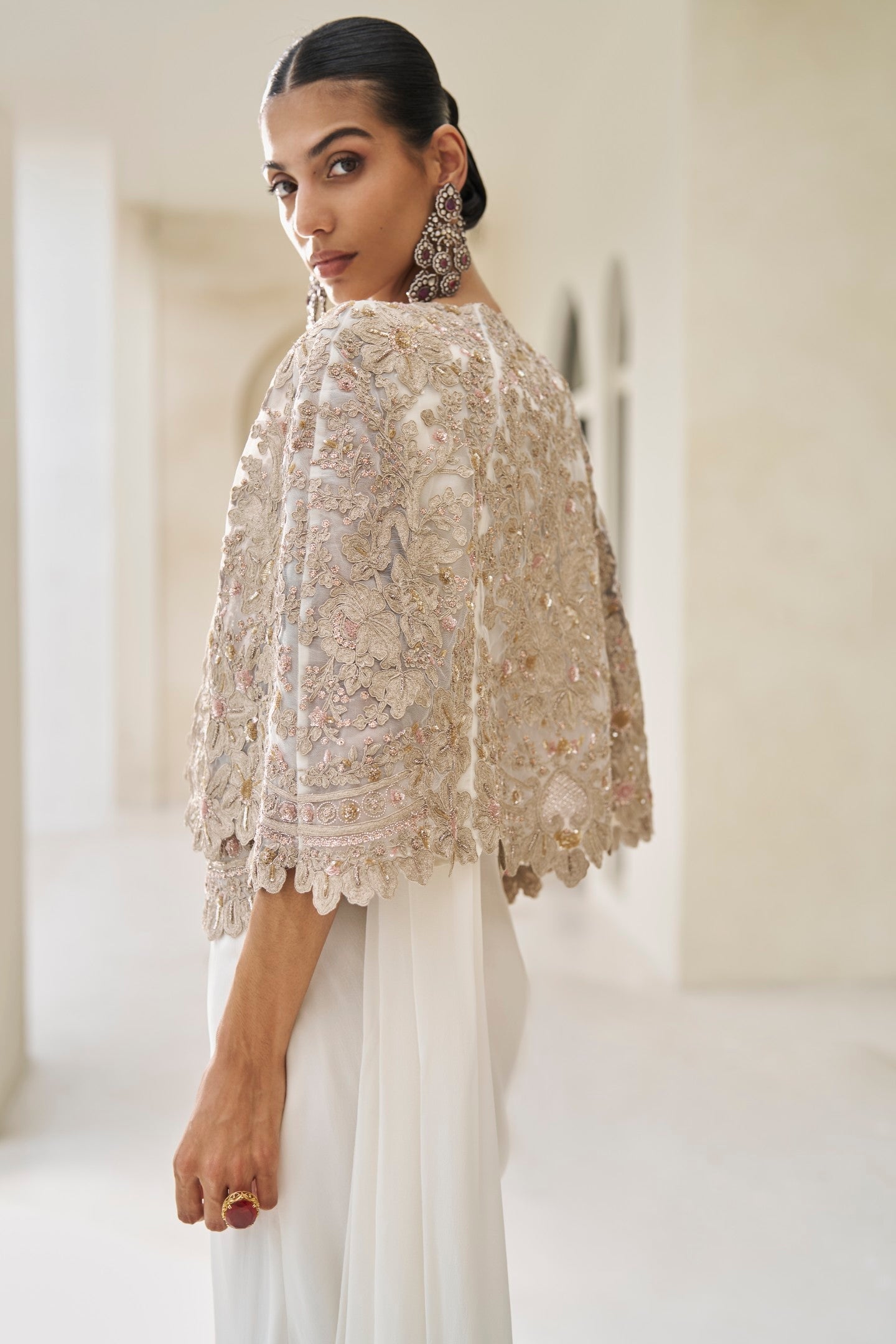 Wisper In Gold Saree And Cape Set