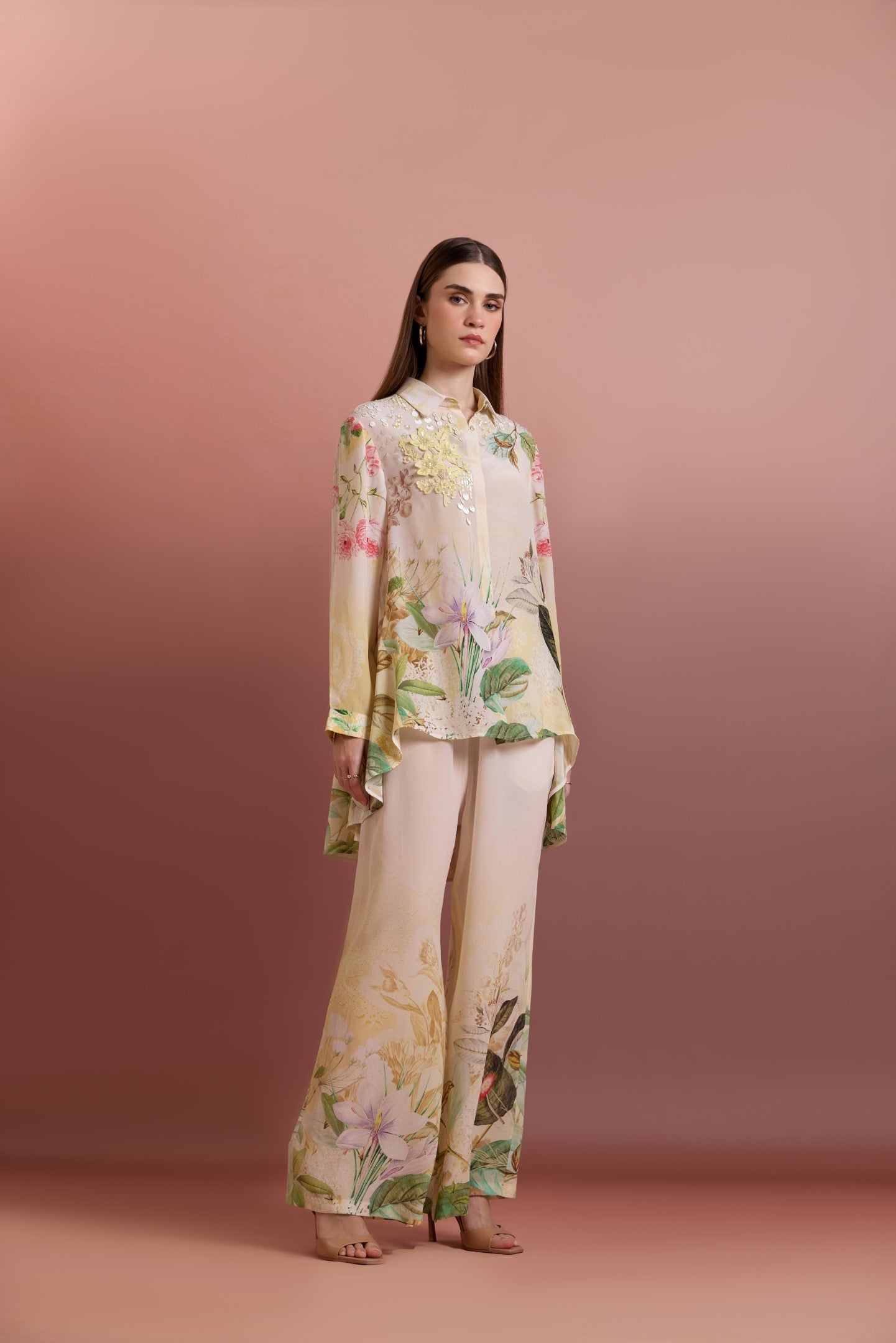 SNOWING EMBELLISHED HIGH-LOW SHIRT WITH STRAIGHT PANTS