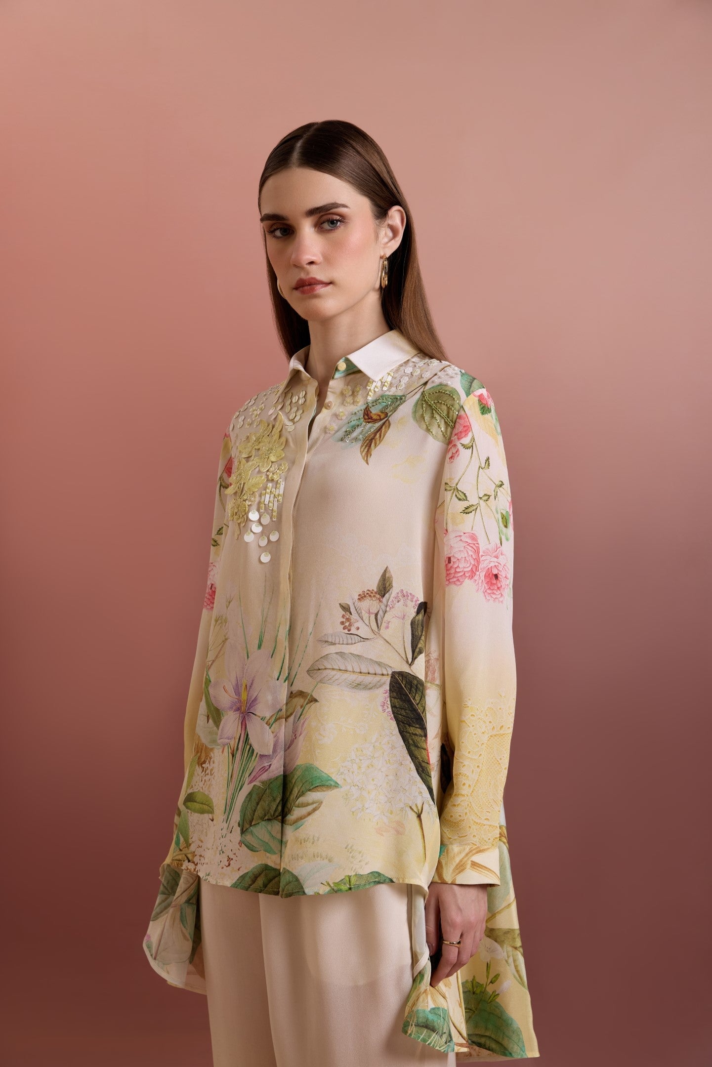 SNOWING EMBELLISHED HIGH-LOW SHIRT WITH STRAIGHT PANTS