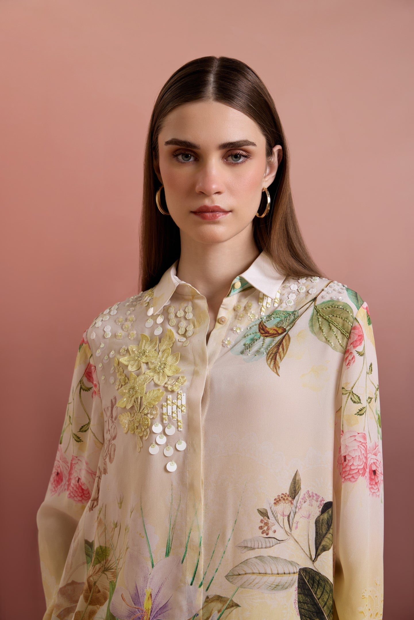 SNOWING EMBELLISHED HIGH-LOW SHIRT WITH STRAIGHT PANTS