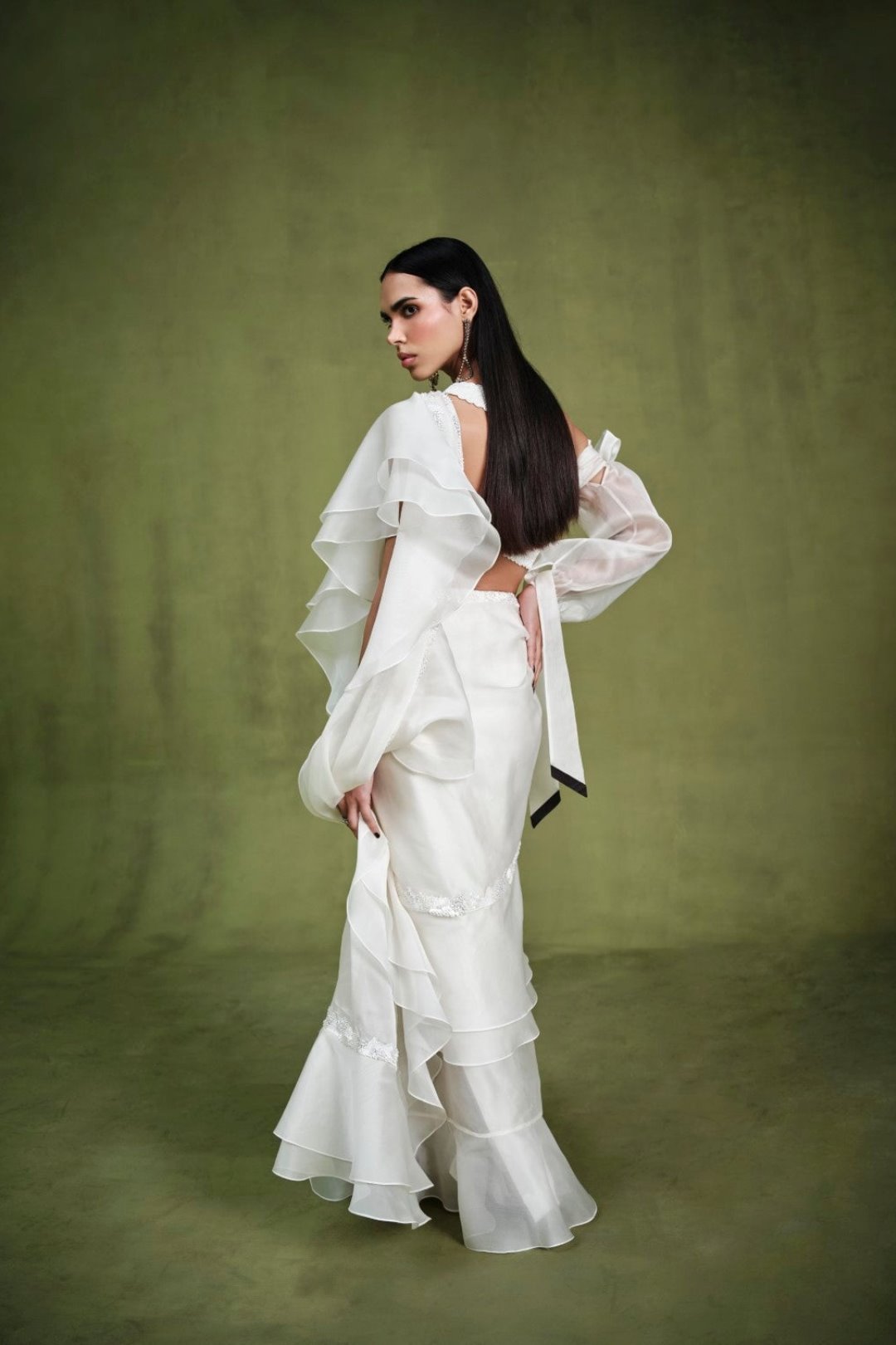 THE IVORY EMBELLISHED RUFFLE SAREE AND BUSTIER
