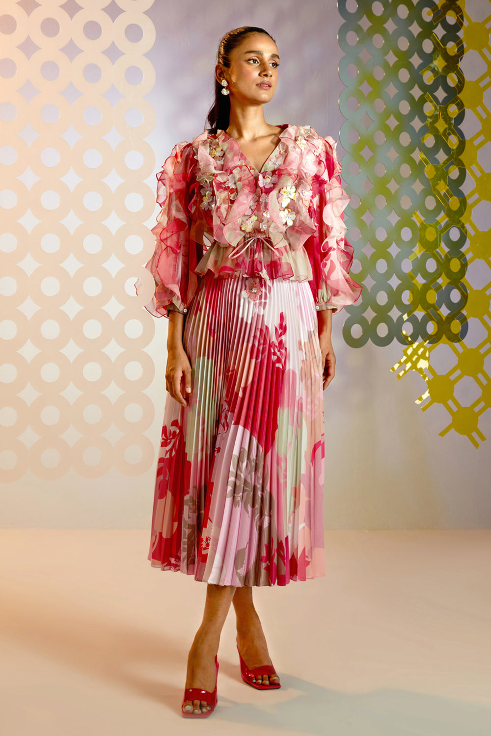 FLORA HAND EMBELLISHED RUFFLE TOP AND SKIRT SET