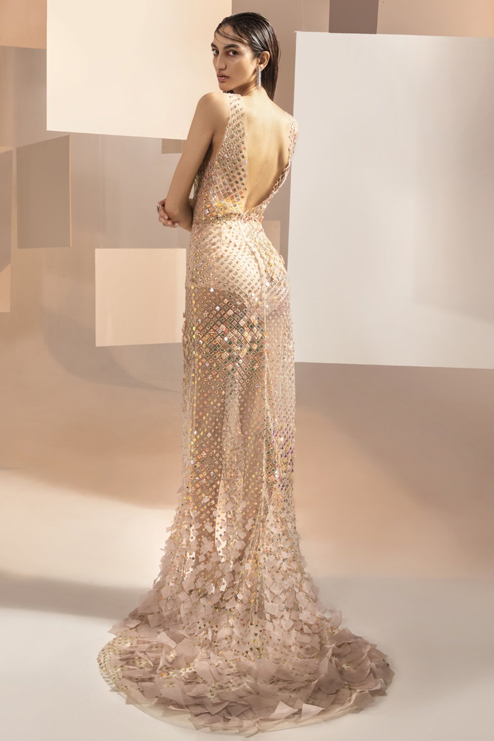 ZIRCONIUM IRIDESCENT GOLD HAND-EMBELLISHED TULLE GOWN