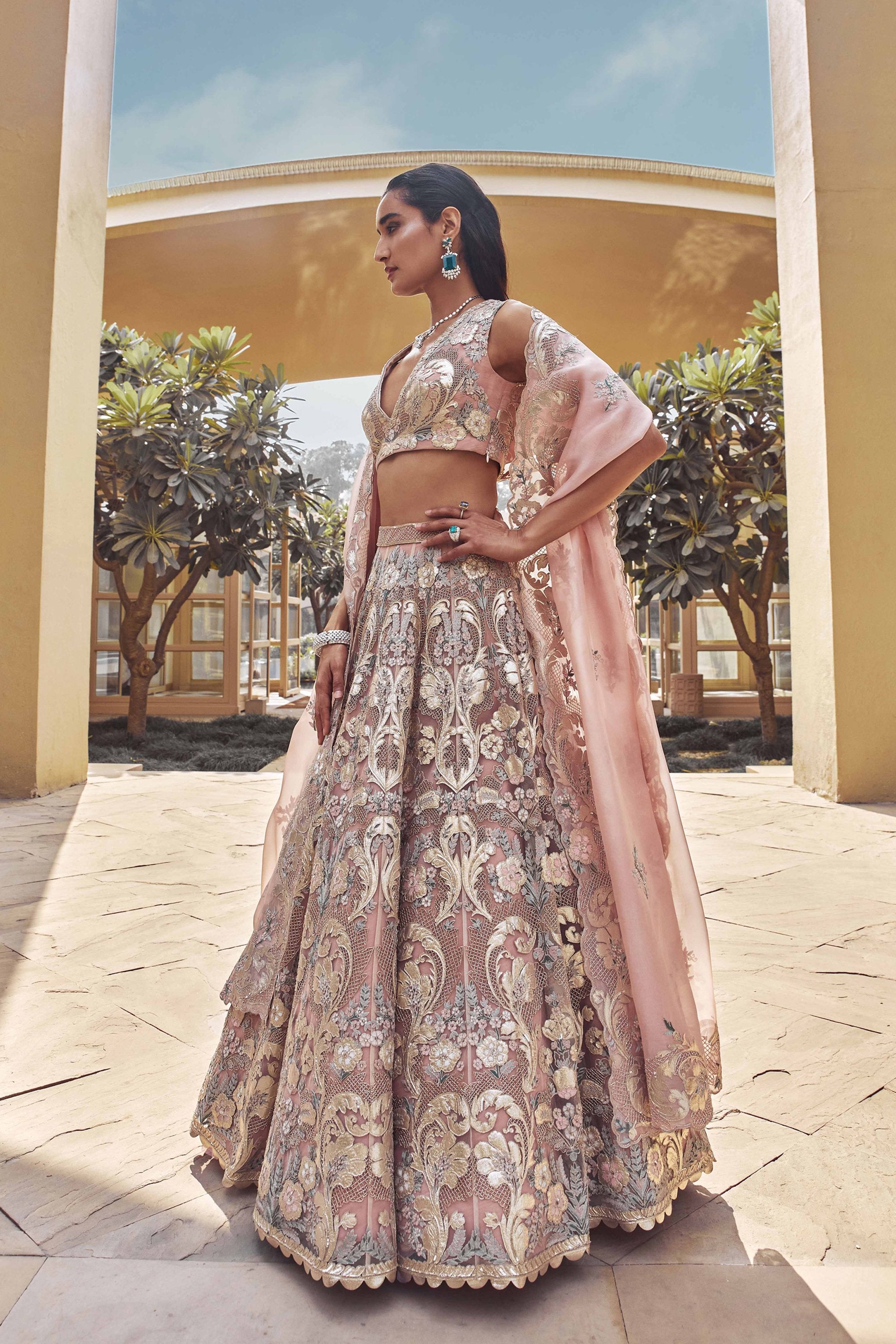 QUPID SHELL PINK HAND-EMBELLISHED LEHENGA SET
