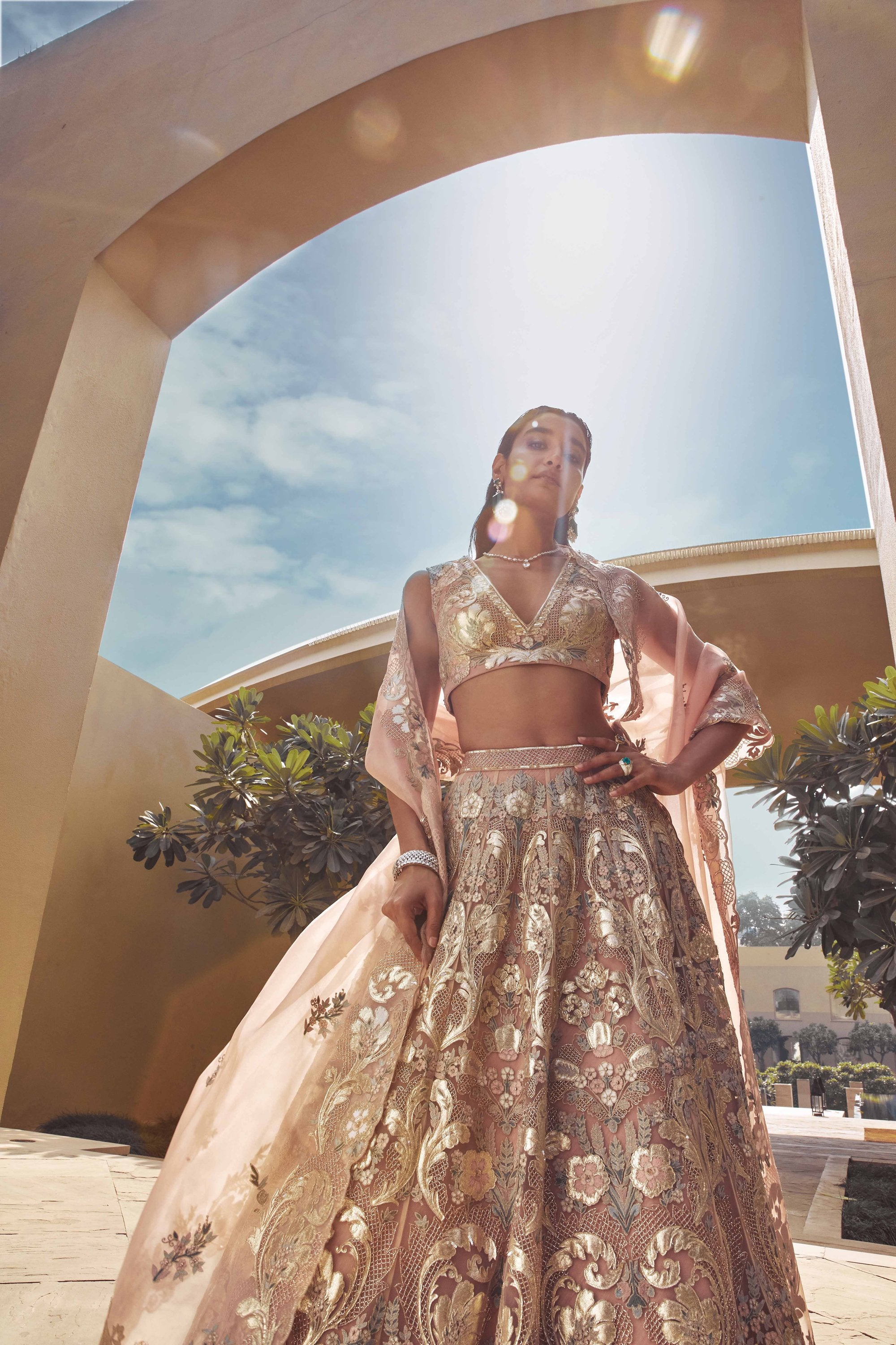 QUPID SHELL PINK HAND-EMBELLISHED LEHENGA SET