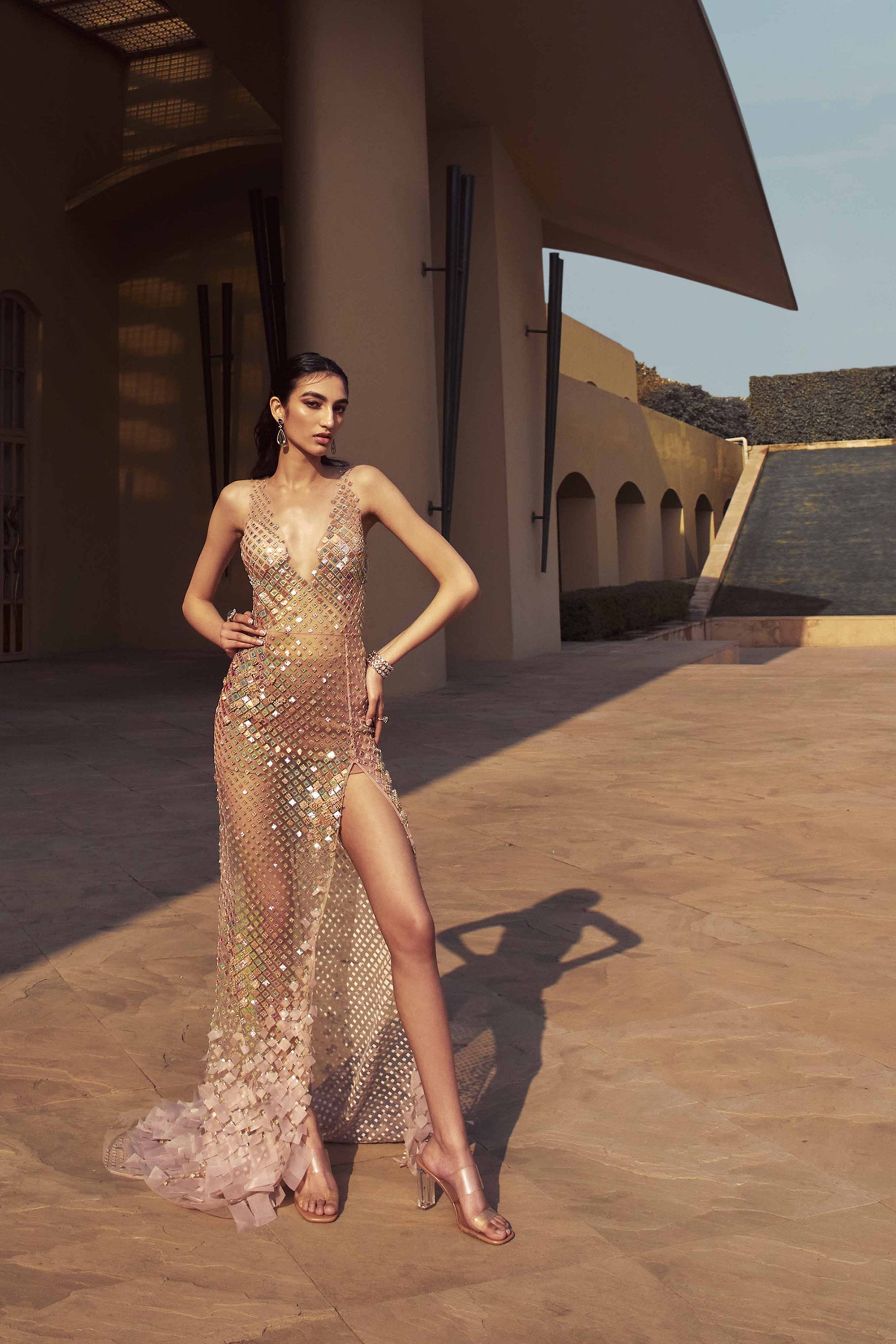 ZIRCONIUM IRIDESCENT GOLD HAND-EMBELLISHED TULLE GOWN