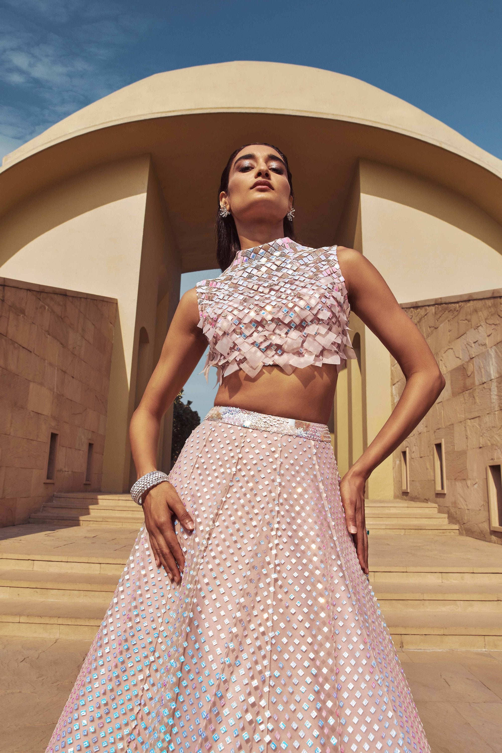 ZIRCONIUM WHISPER PINK HAND-EMBELLISHED LEHENGA SET