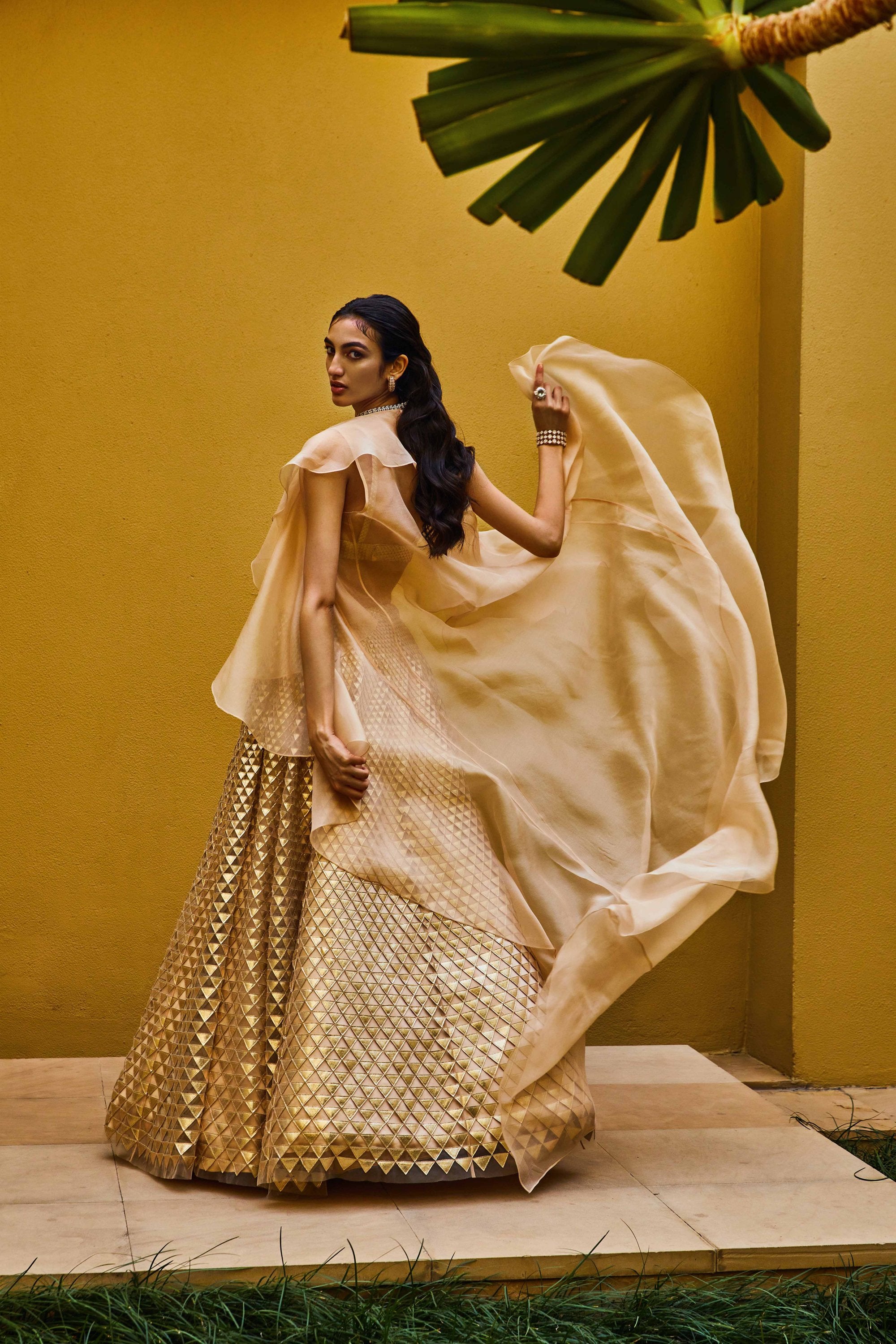 QUPID BEIGE-GOLD HAND-EMBELLISHED LEHENGA SET