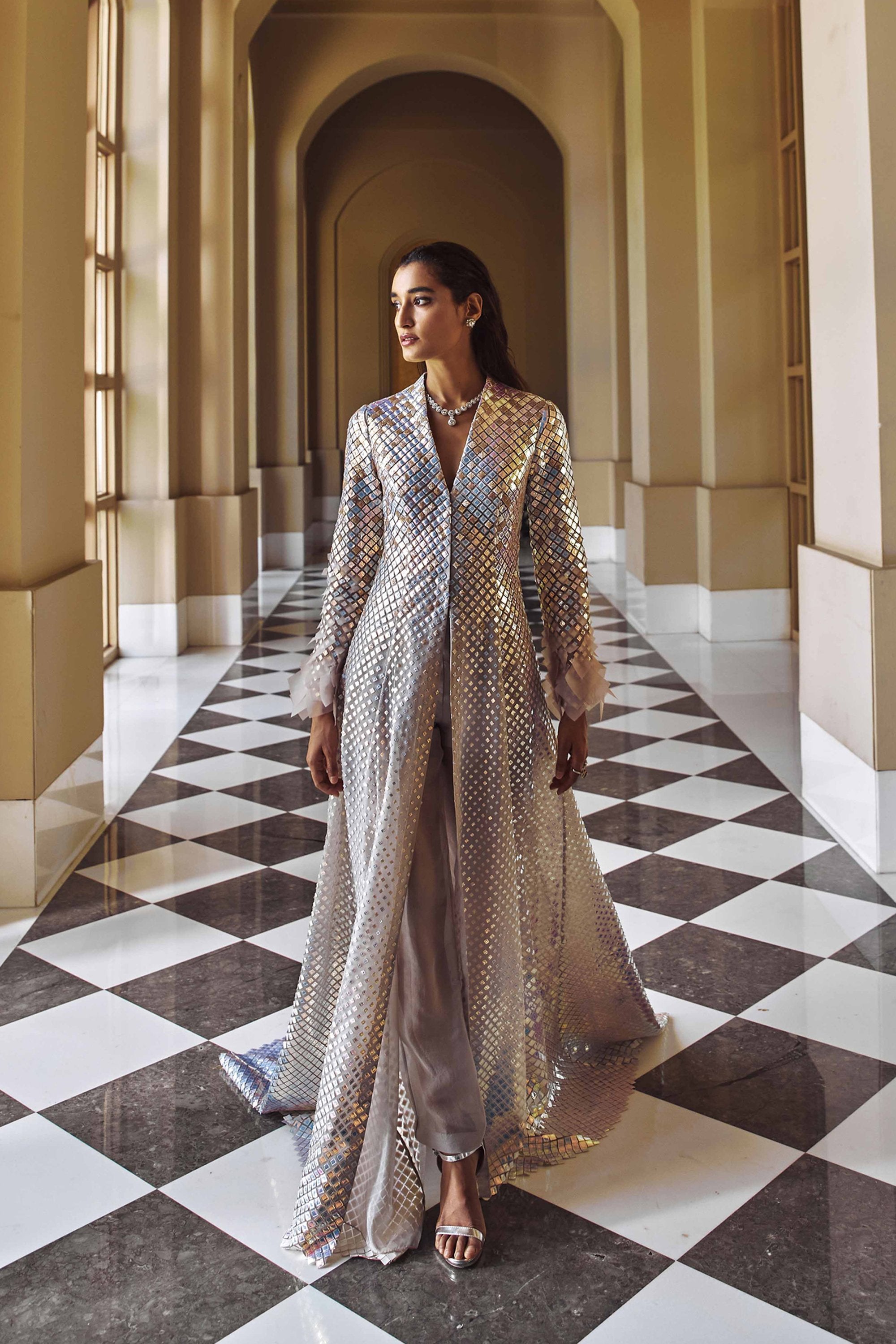ZIRCONIUM GREY HAND-EMBELLISHED JACKET AND PANTS SET
