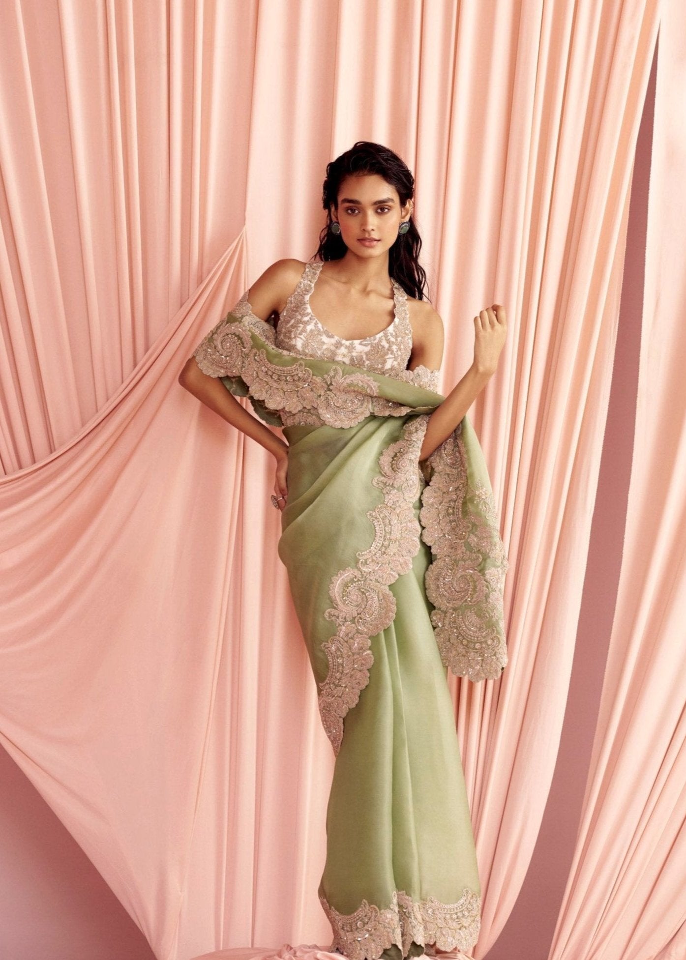 Charisma Matcha Green Hand Embellished Sari Set