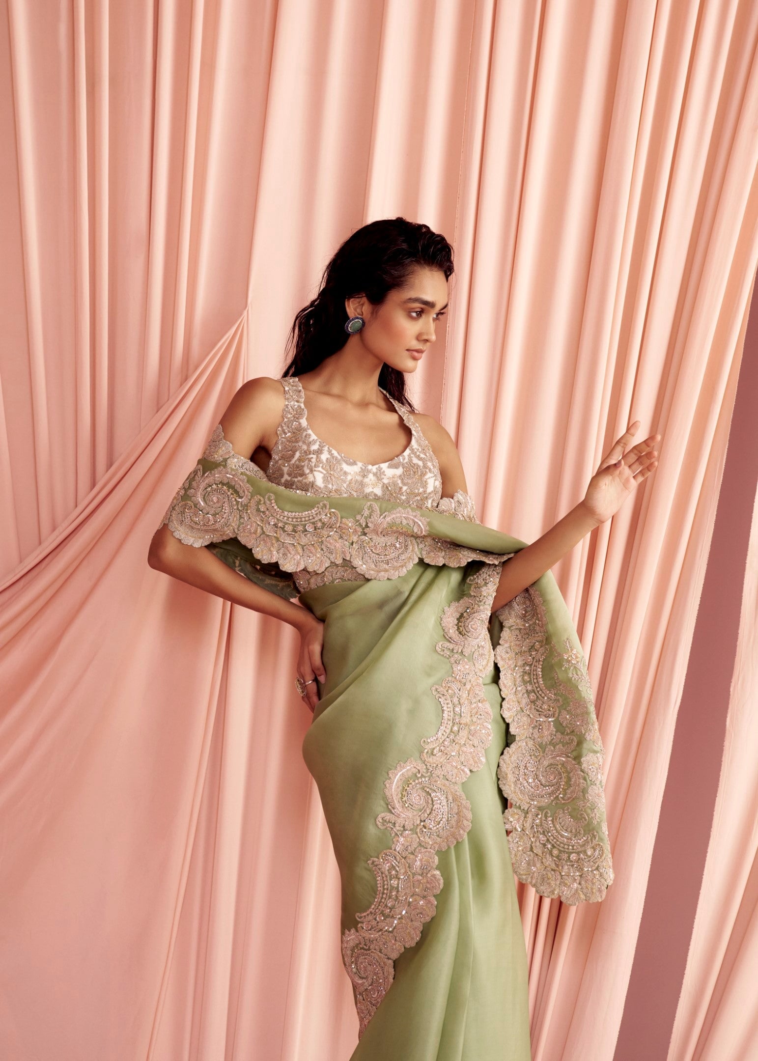 Charisma Matcha Green Hand Embellished Sari Set