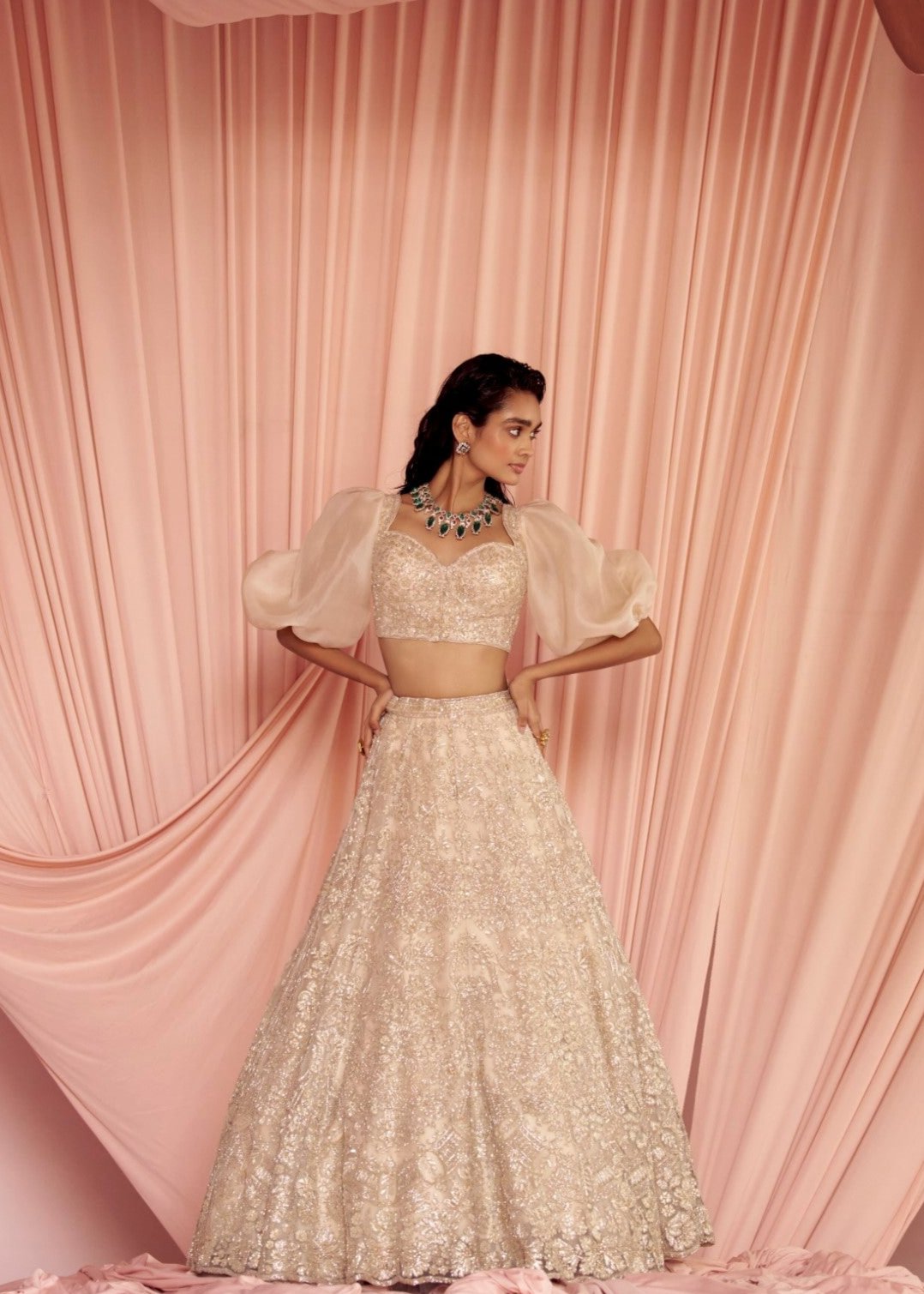 Thea Encrusted Lehenga With Puff-Sleeve Blouse