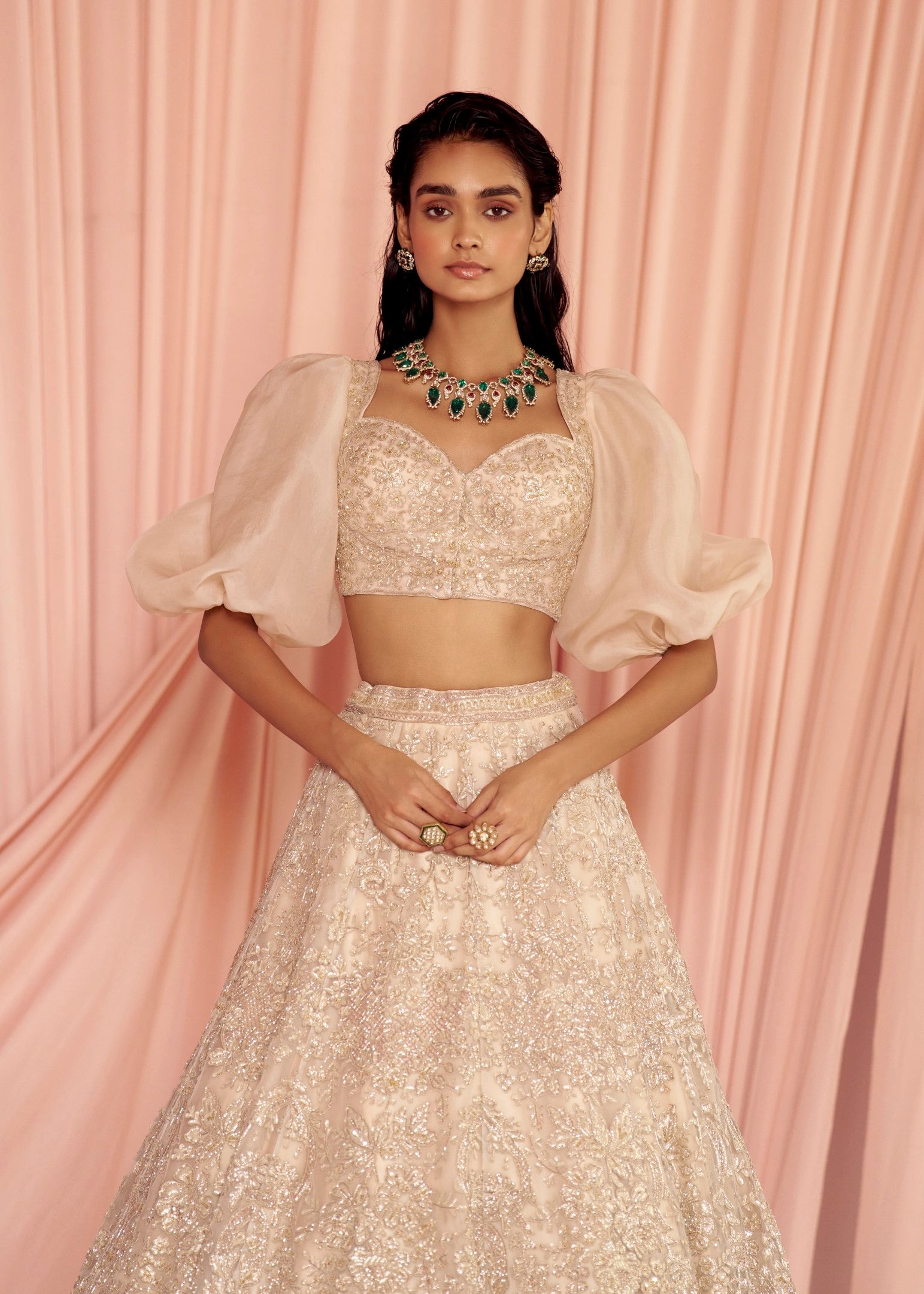 Thea Encrusted Lehenga With Puff-Sleeve Blouse