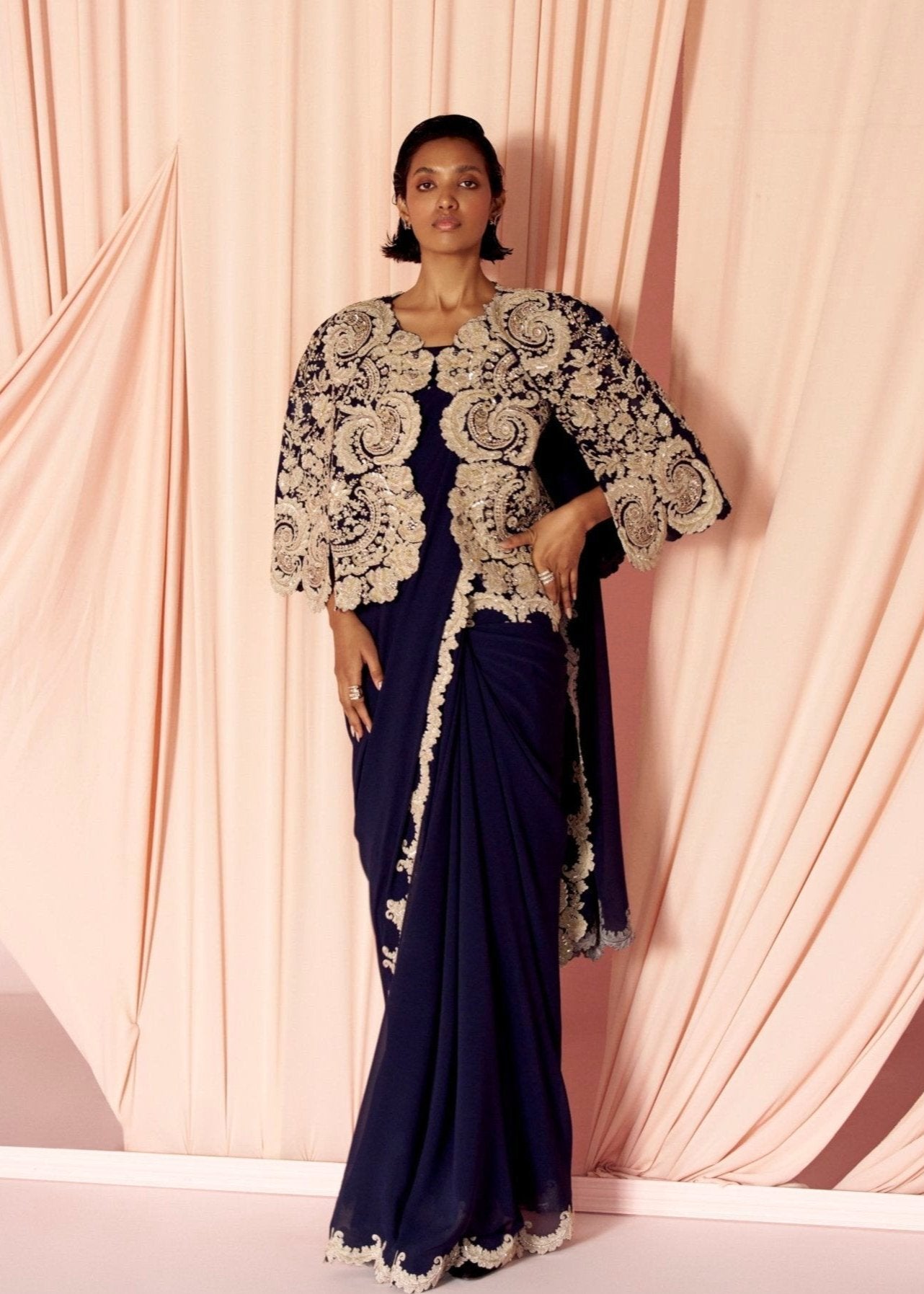 Charisma Midnight Blue Scalloped Sari and Cape