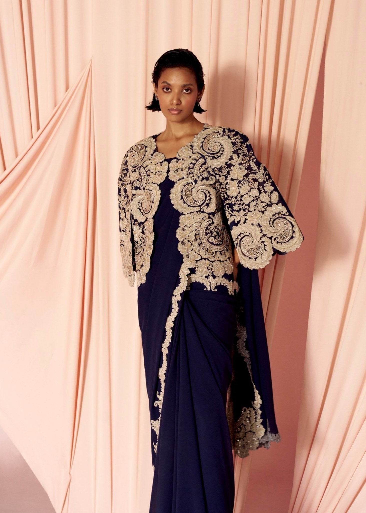 Charisma Midnight Blue Scalloped Sari and Cape