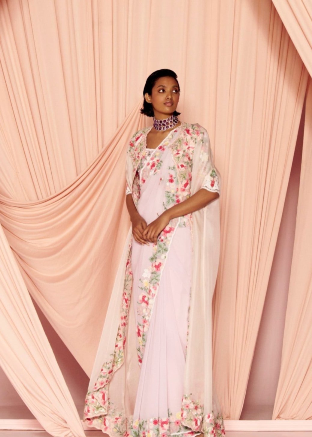 Inverness Embellished Sari and Semi-Sheer Cape