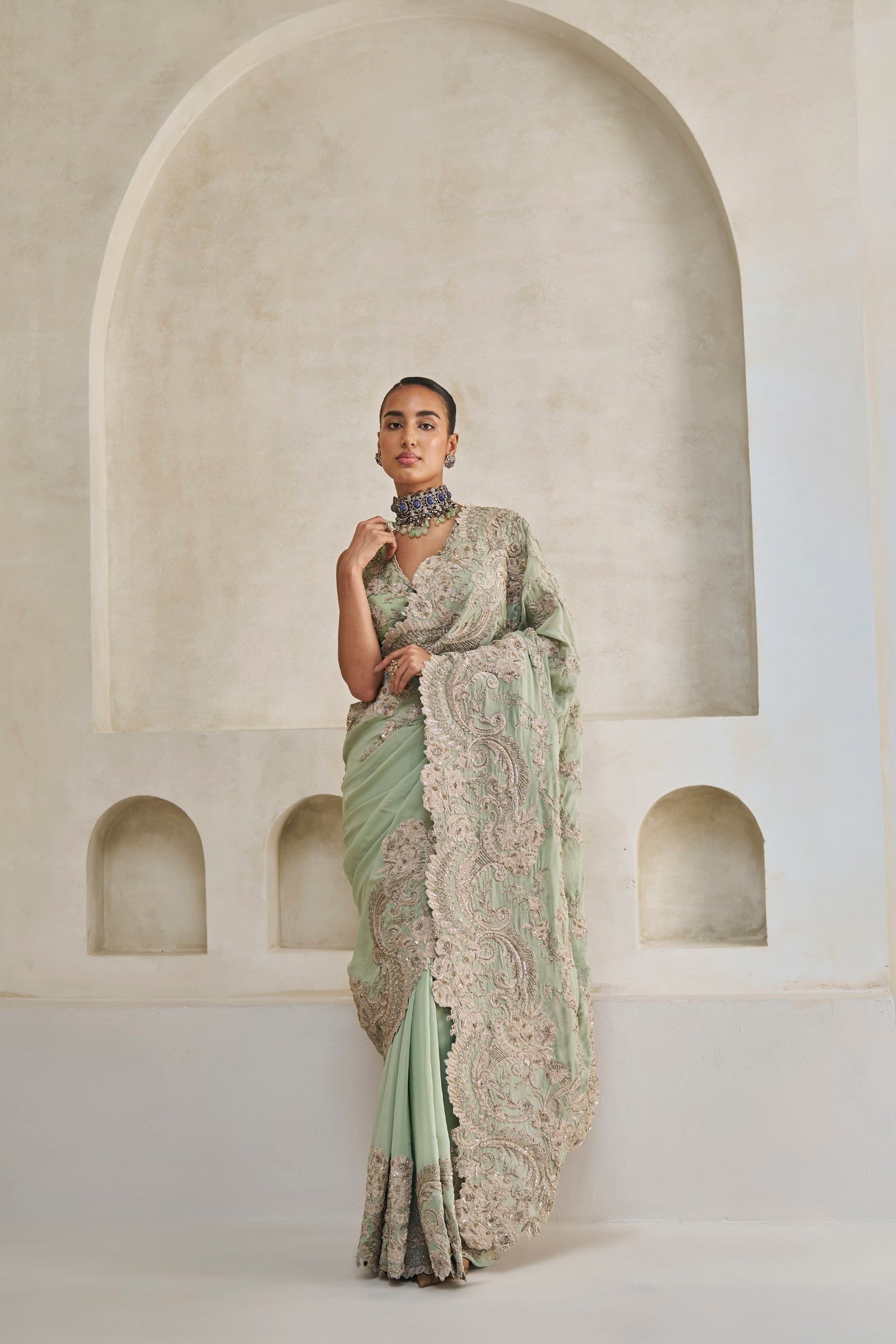 Emerald Tide Elegance Saree And Blouse Set