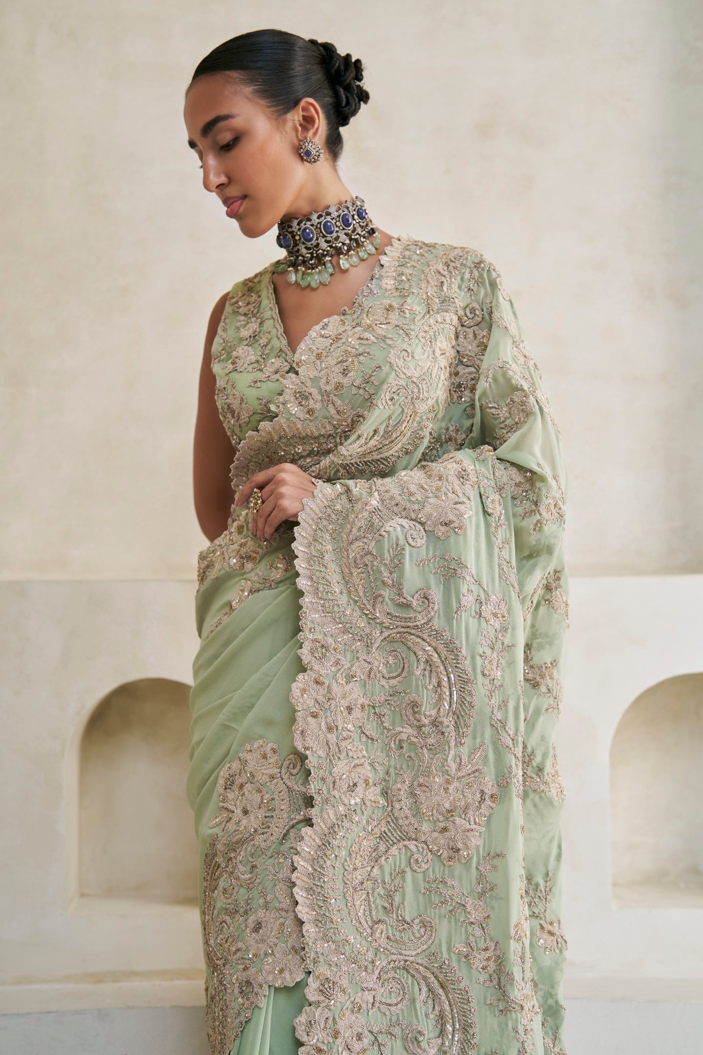 Emerald Tide Elegance Saree And Blouse Set