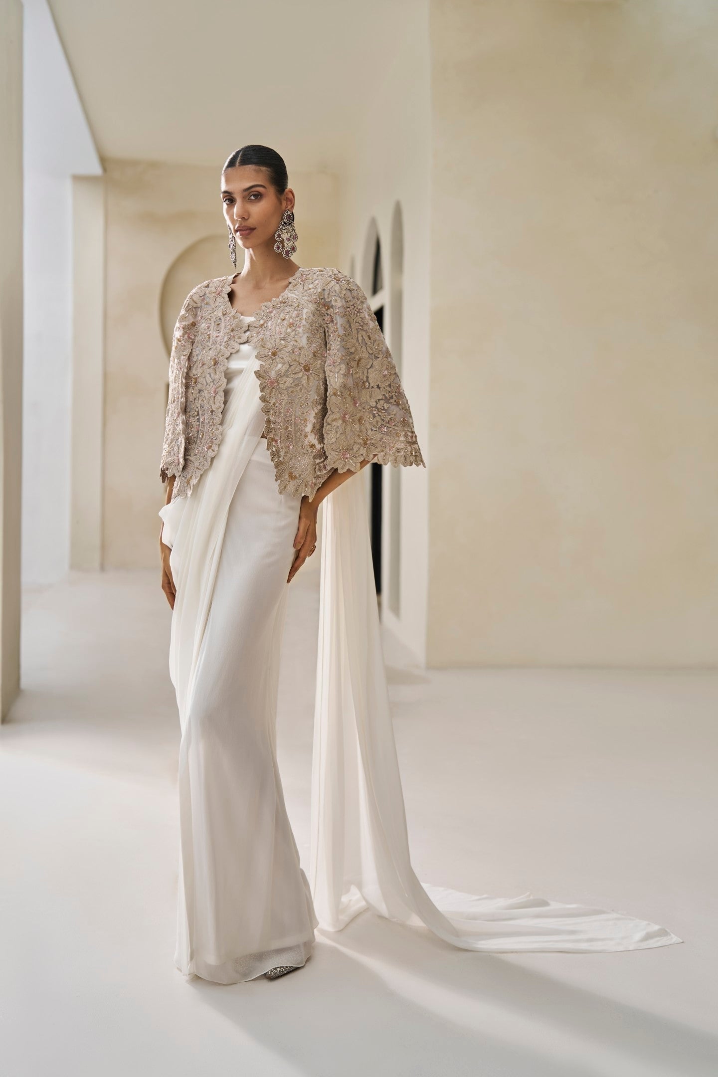 Wisper In Gold Saree And Cape Set