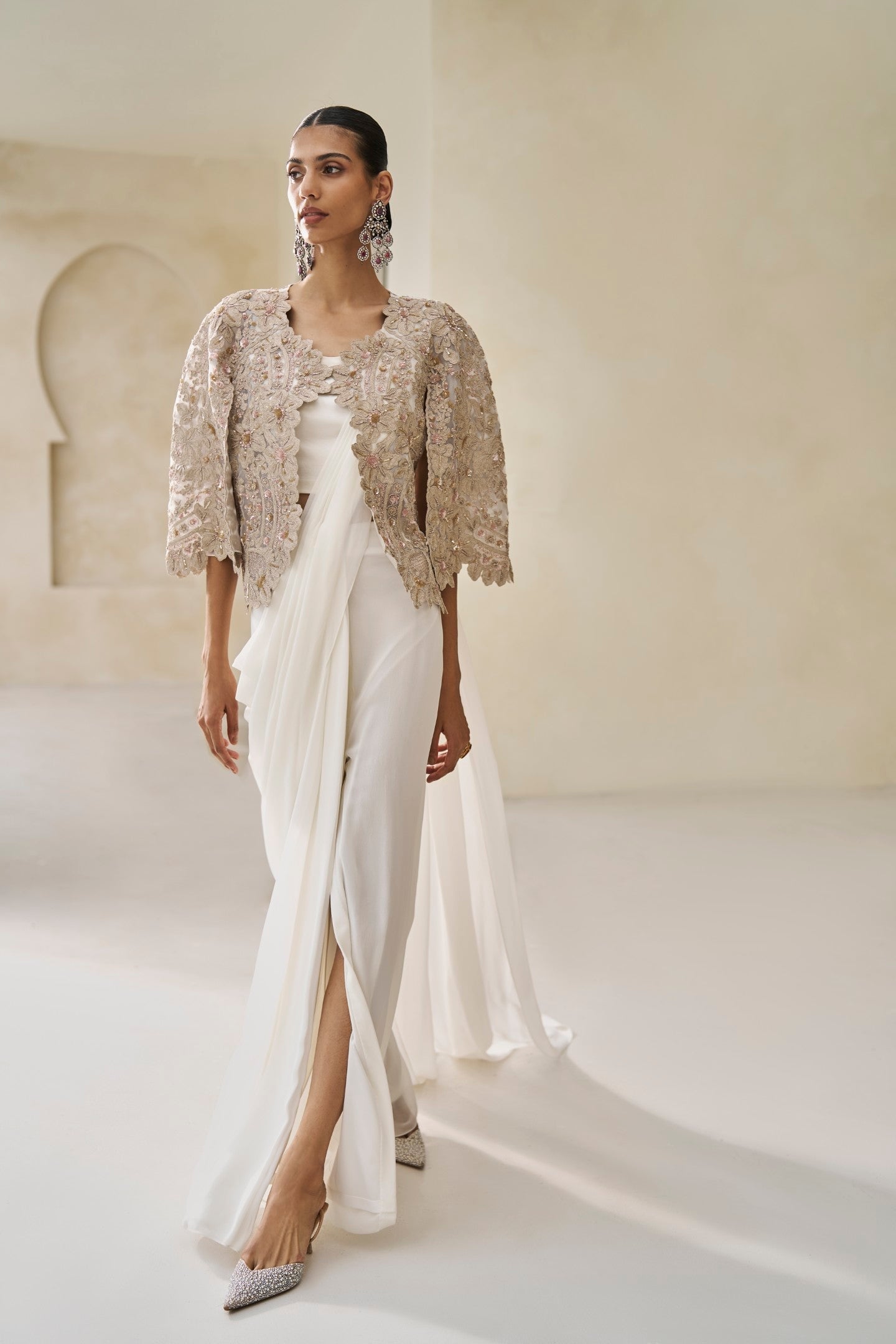 Wisper In Gold Saree And Cape Set