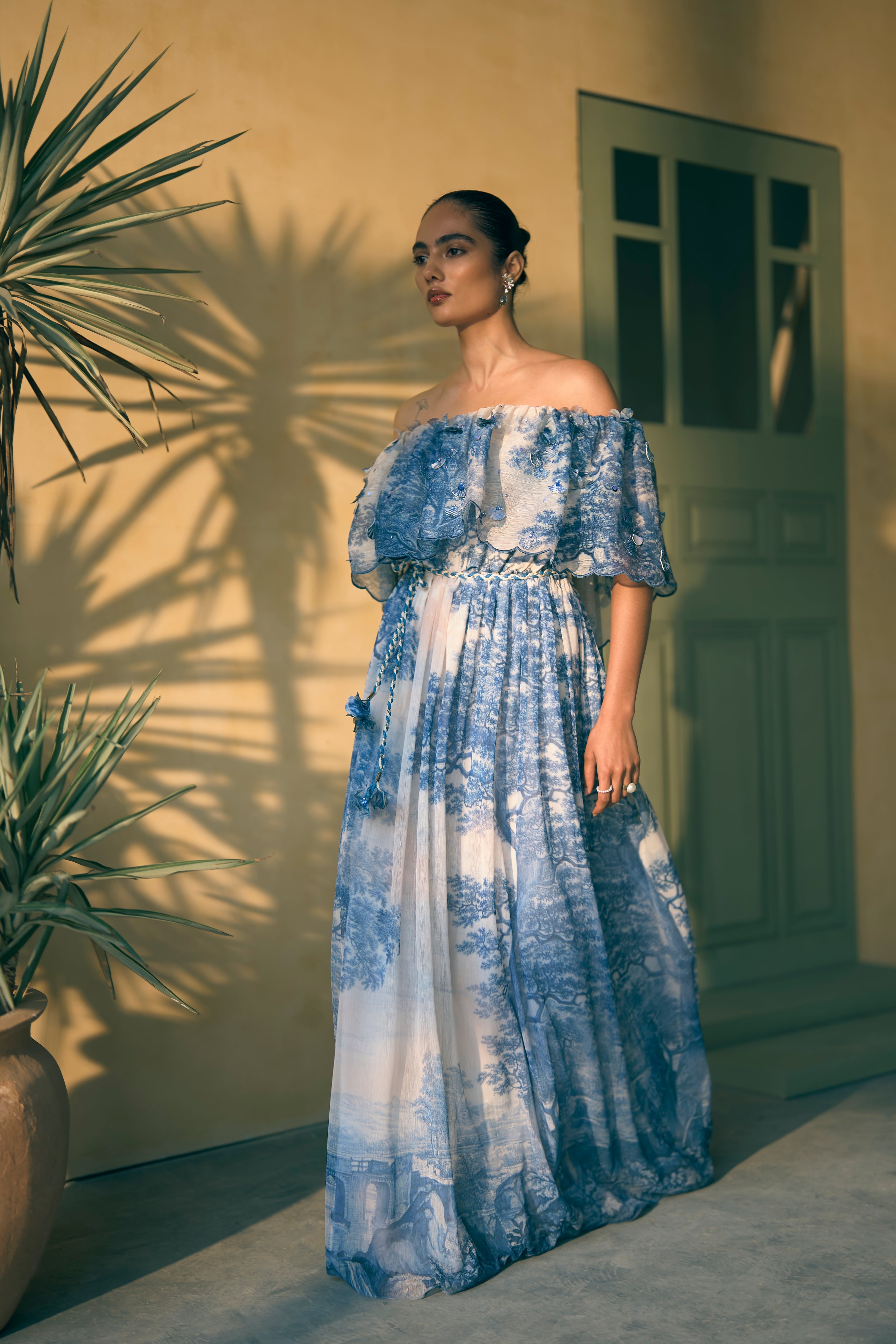 Porto Indigo Illusion Off-Shoulder Maxi Dress