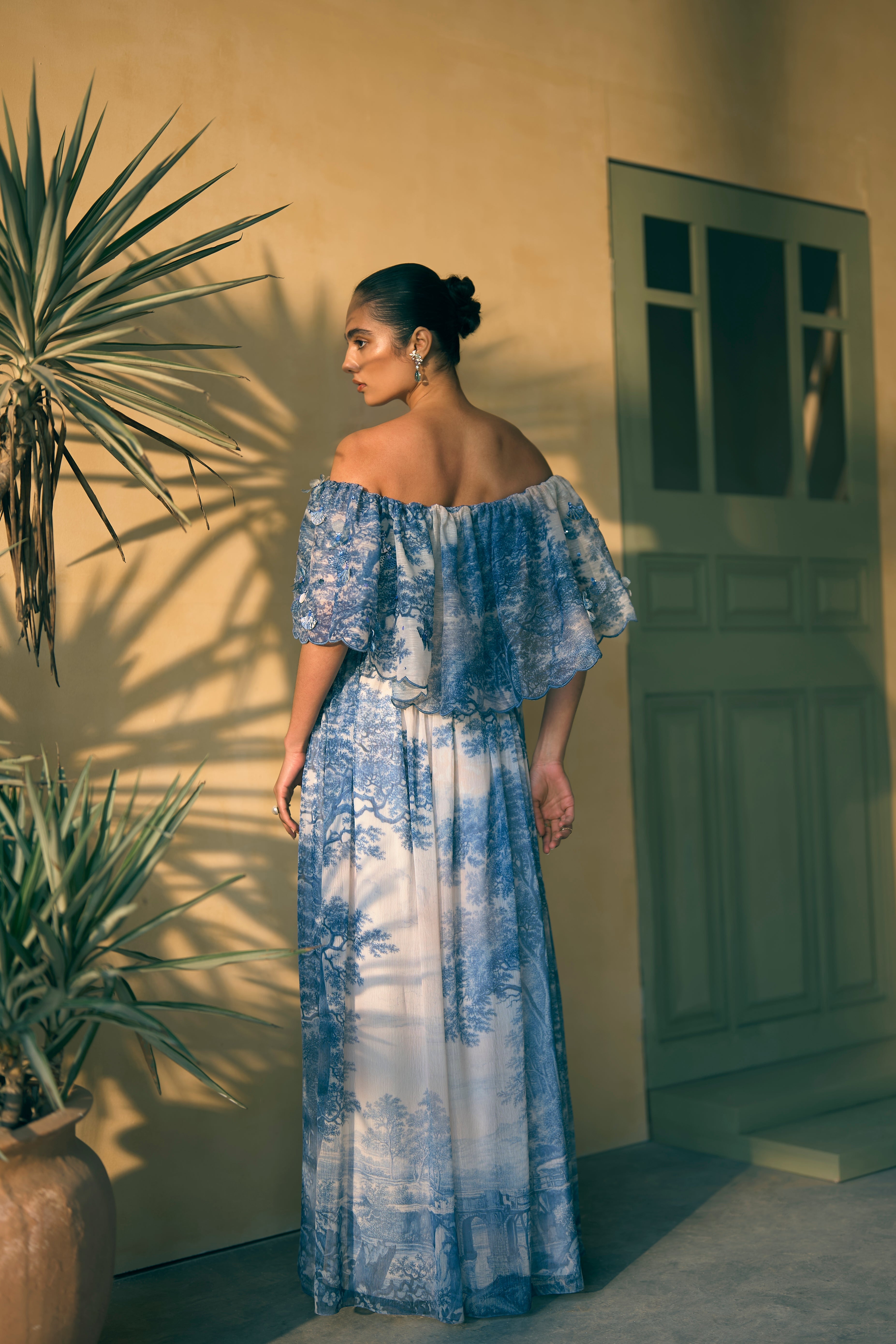 Porto Indigo Illusion Off-Shoulder Maxi Dress