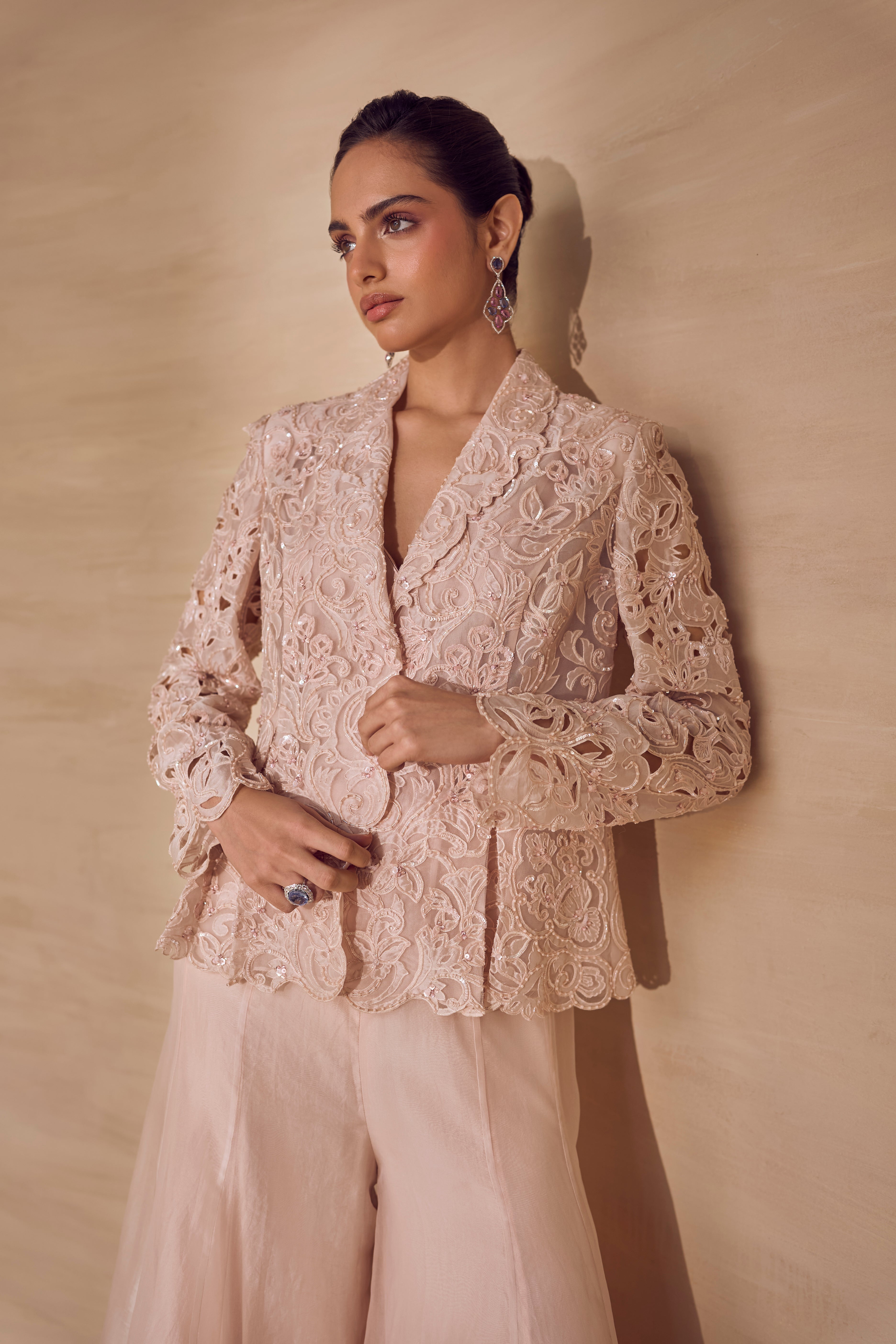 Ecru Bloom Cutwork Jacket Set