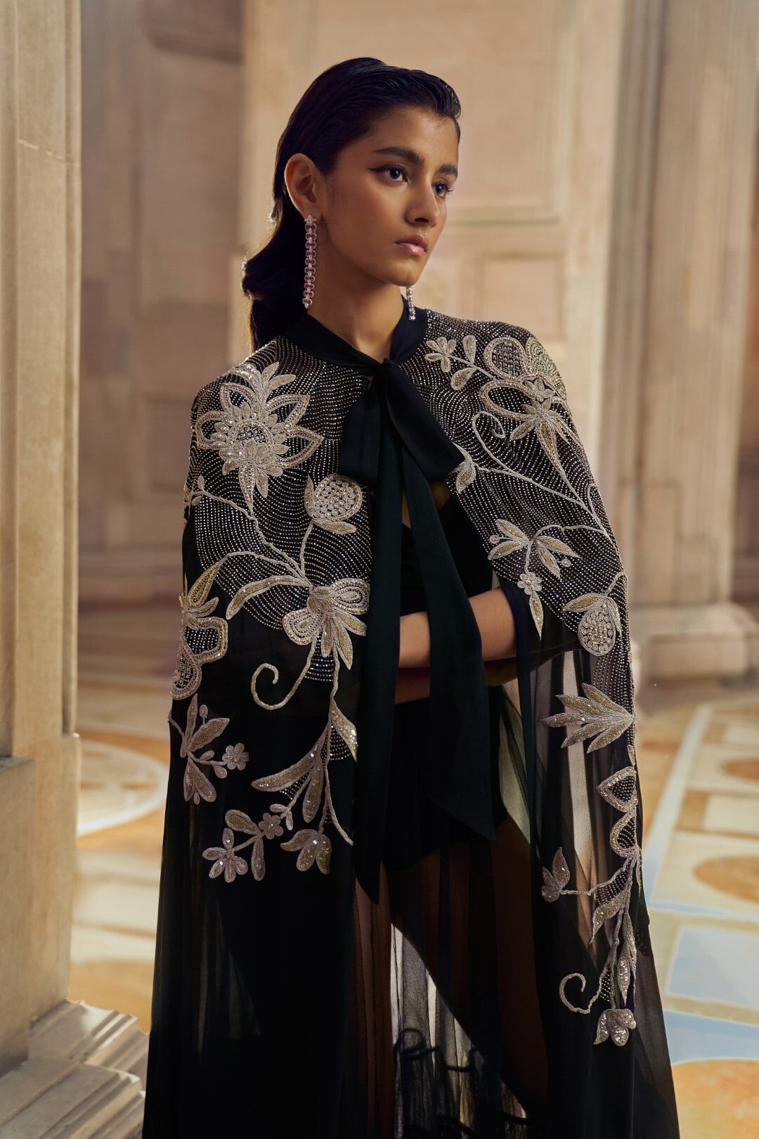 VERA HAND EMBELLISHED BOW-TIED CAPE