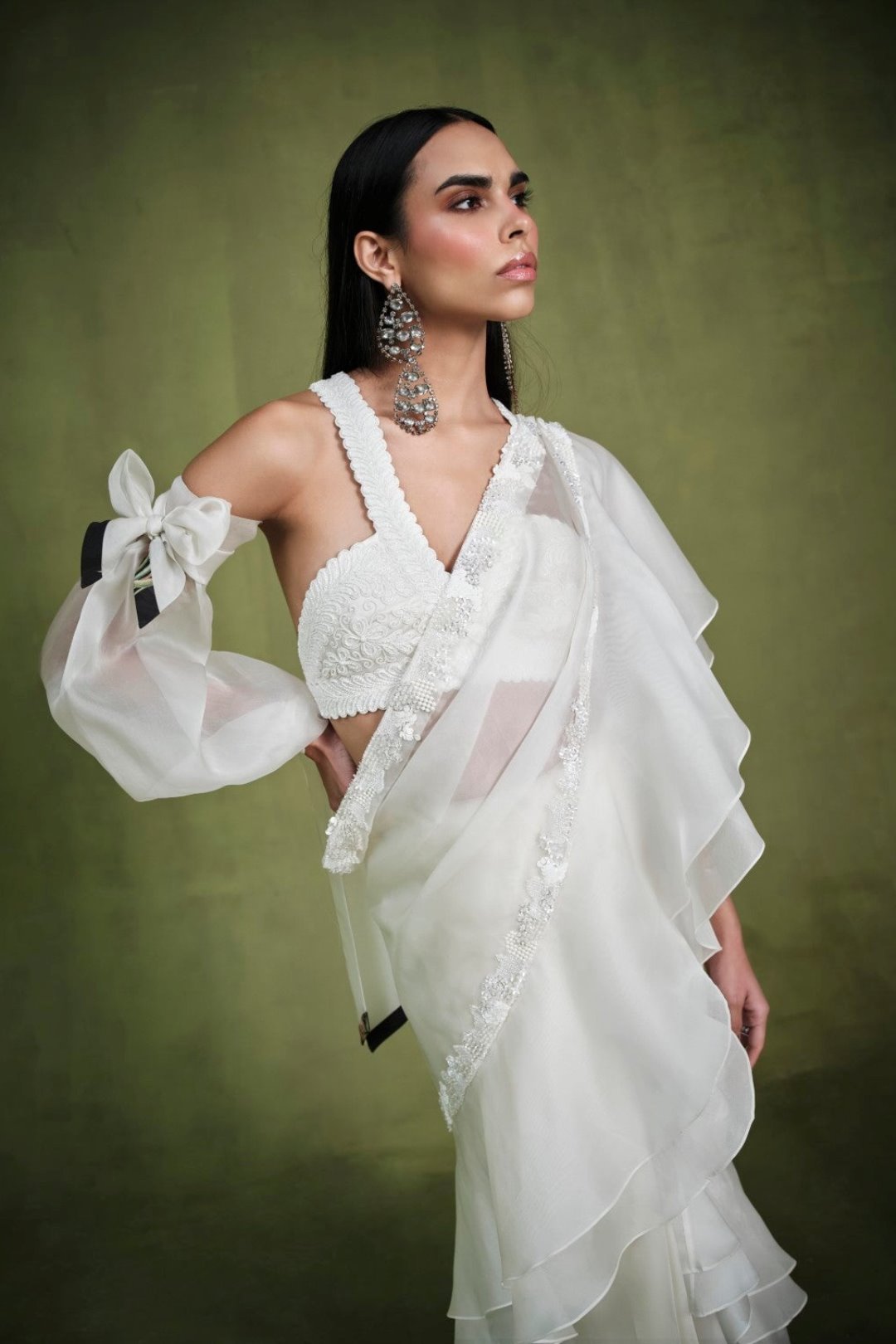 THE IVORY EMBELLISHED RUFFLE SAREE AND BUSTIER