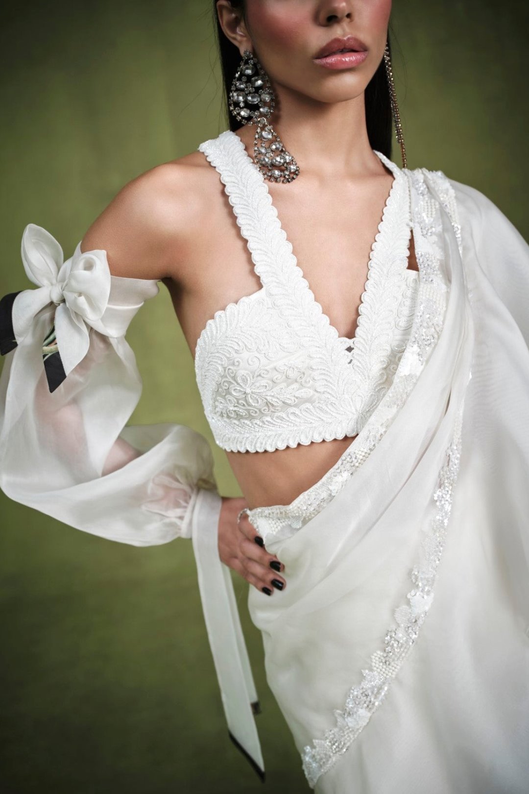 THE IVORY EMBELLISHED RUFFLE SAREE AND BUSTIER