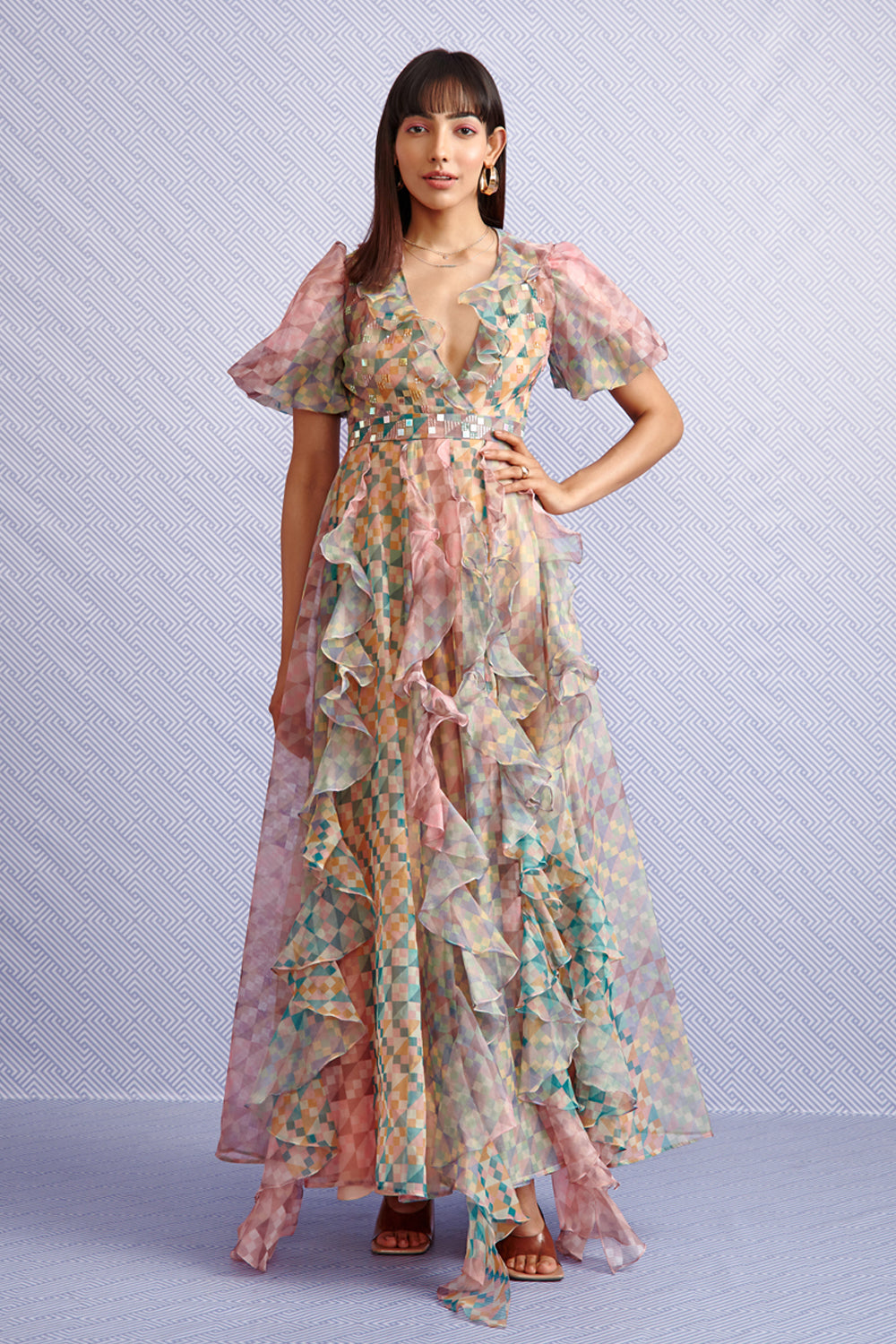 KAREN HAND-EMBELLISHED RUFFLE MAXI DRESS