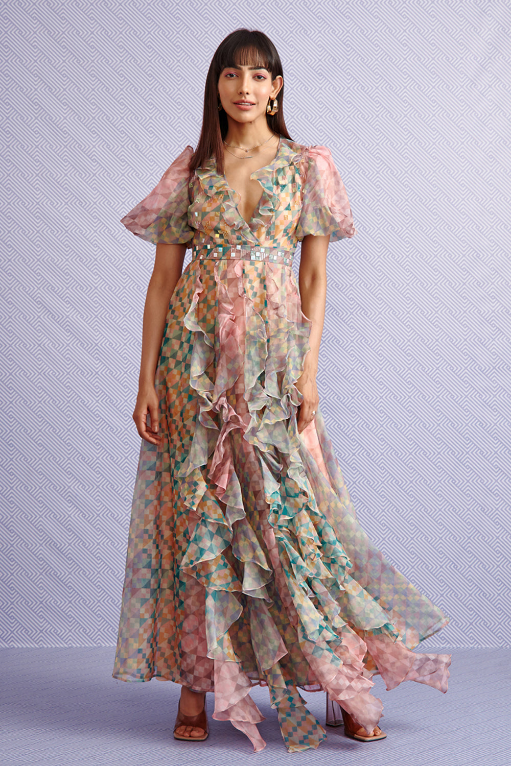 KAREN HAND-EMBELLISHED RUFFLE MAXI DRESS