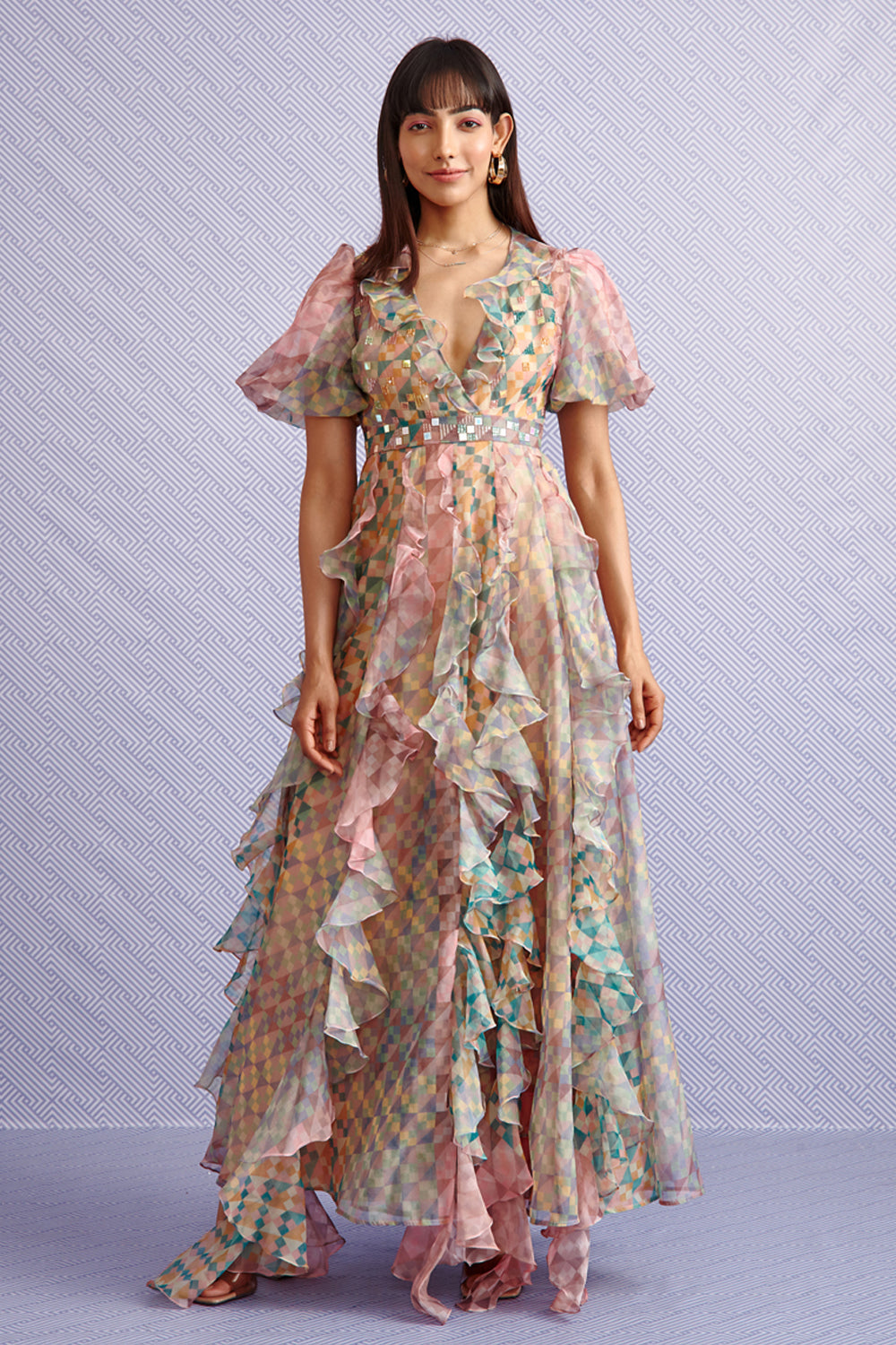 KAREN HAND-EMBELLISHED RUFFLE MAXI DRESS