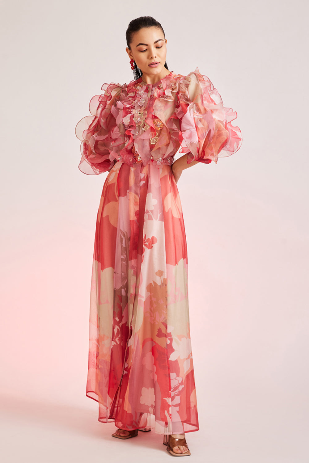 FLORA HAND EMBELLISHED MAXI DRESS WITH RUFFLE DETAILING