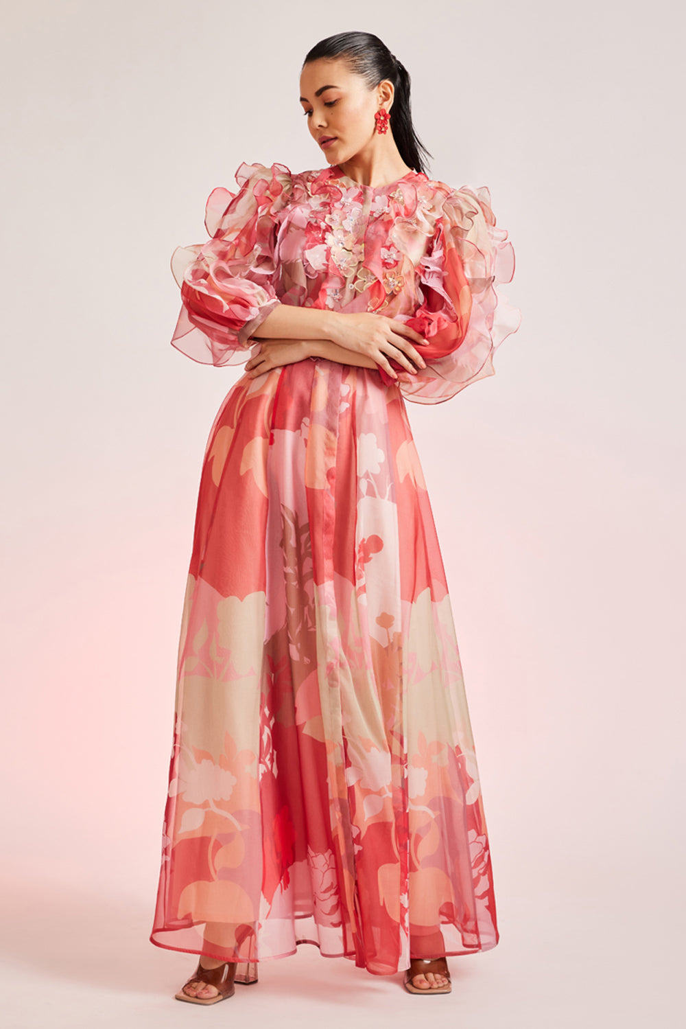 FLORA HAND EMBELLISHED MAXI DRESS WITH RUFFLE DETAILING