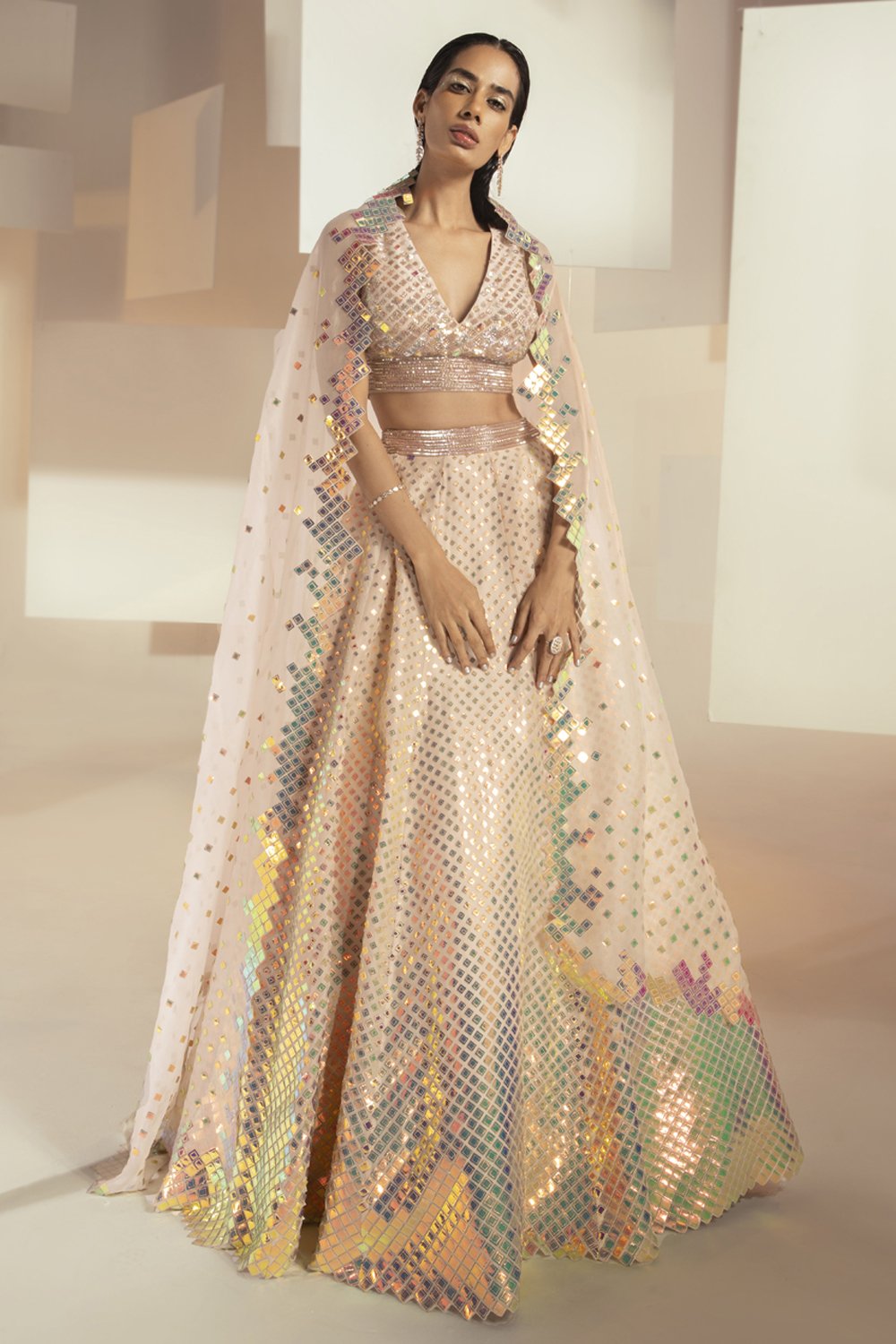 ZIRCONIUM IRIDESCENT GOLD HAND-EMBELLISHED LEHENGA SET