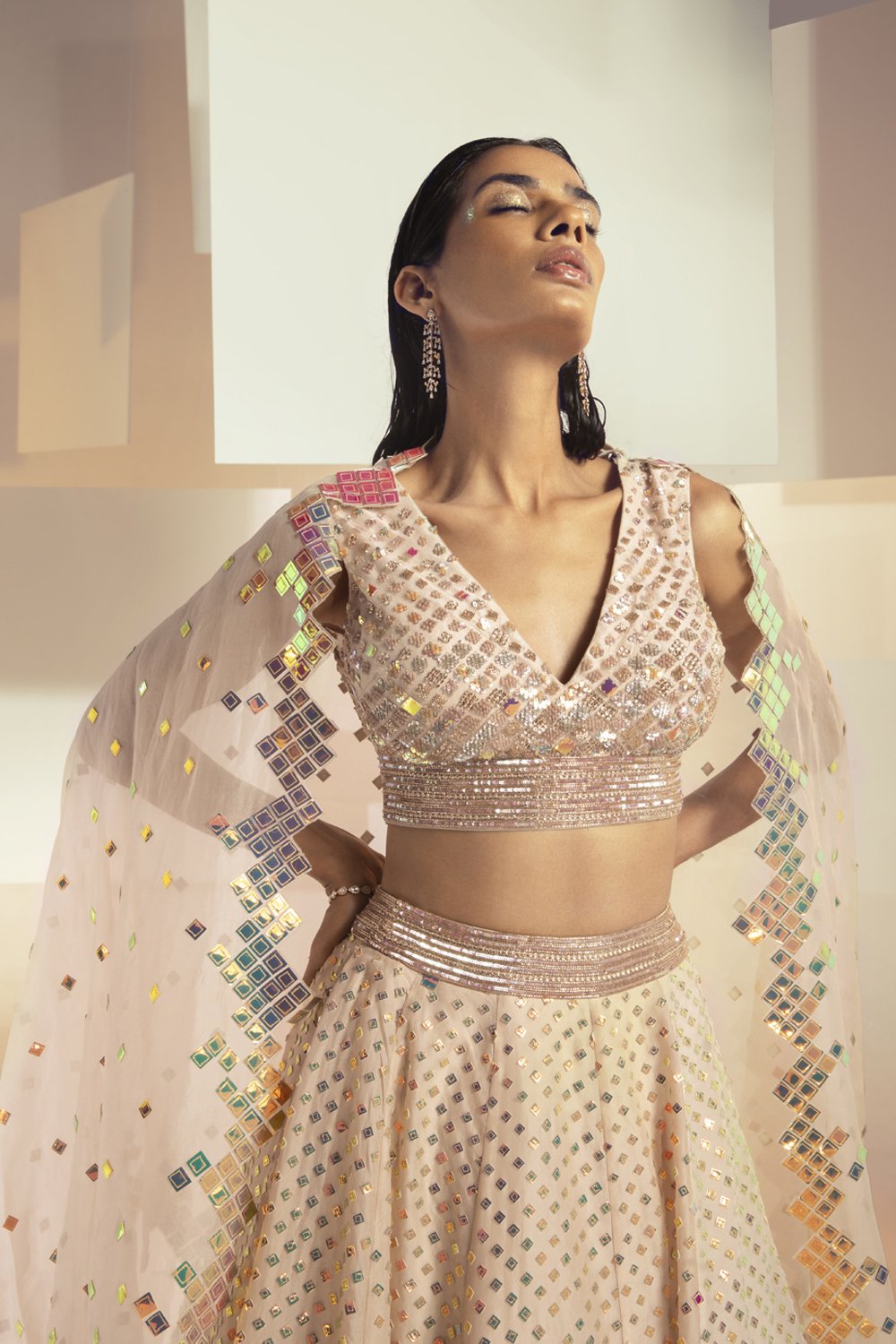 ZIRCONIUM IRIDESCENT GOLD HAND-EMBELLISHED LEHENGA SET