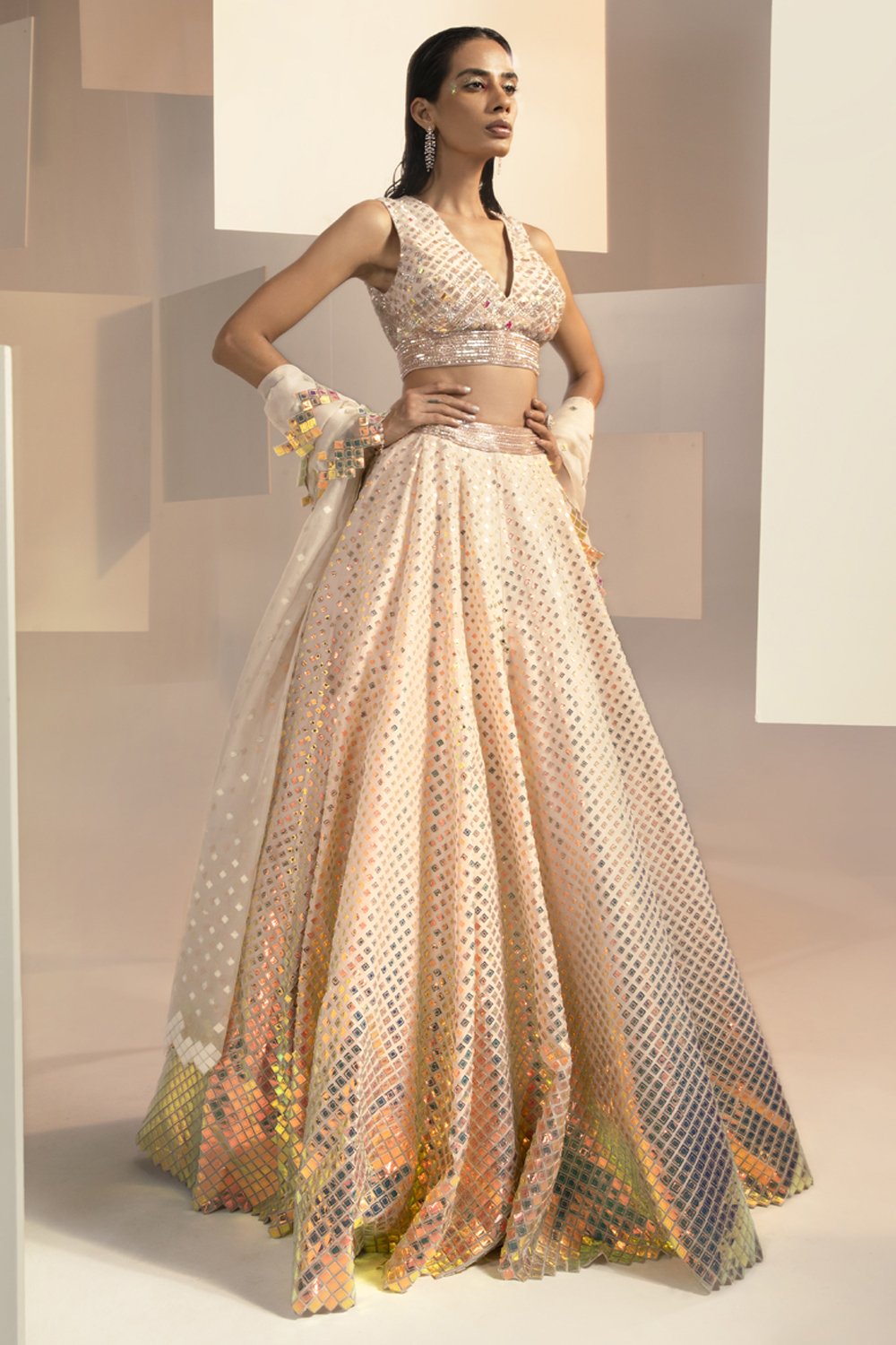 ZIRCONIUM IRIDESCENT GOLD HAND-EMBELLISHED LEHENGA SET