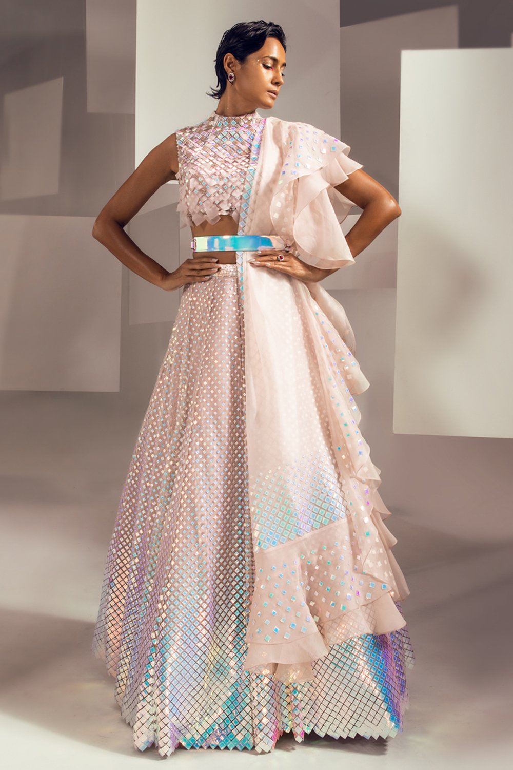 ZIRCONIUM WHISPER PINK HAND-EMBELLISHED LEHENGA SET
