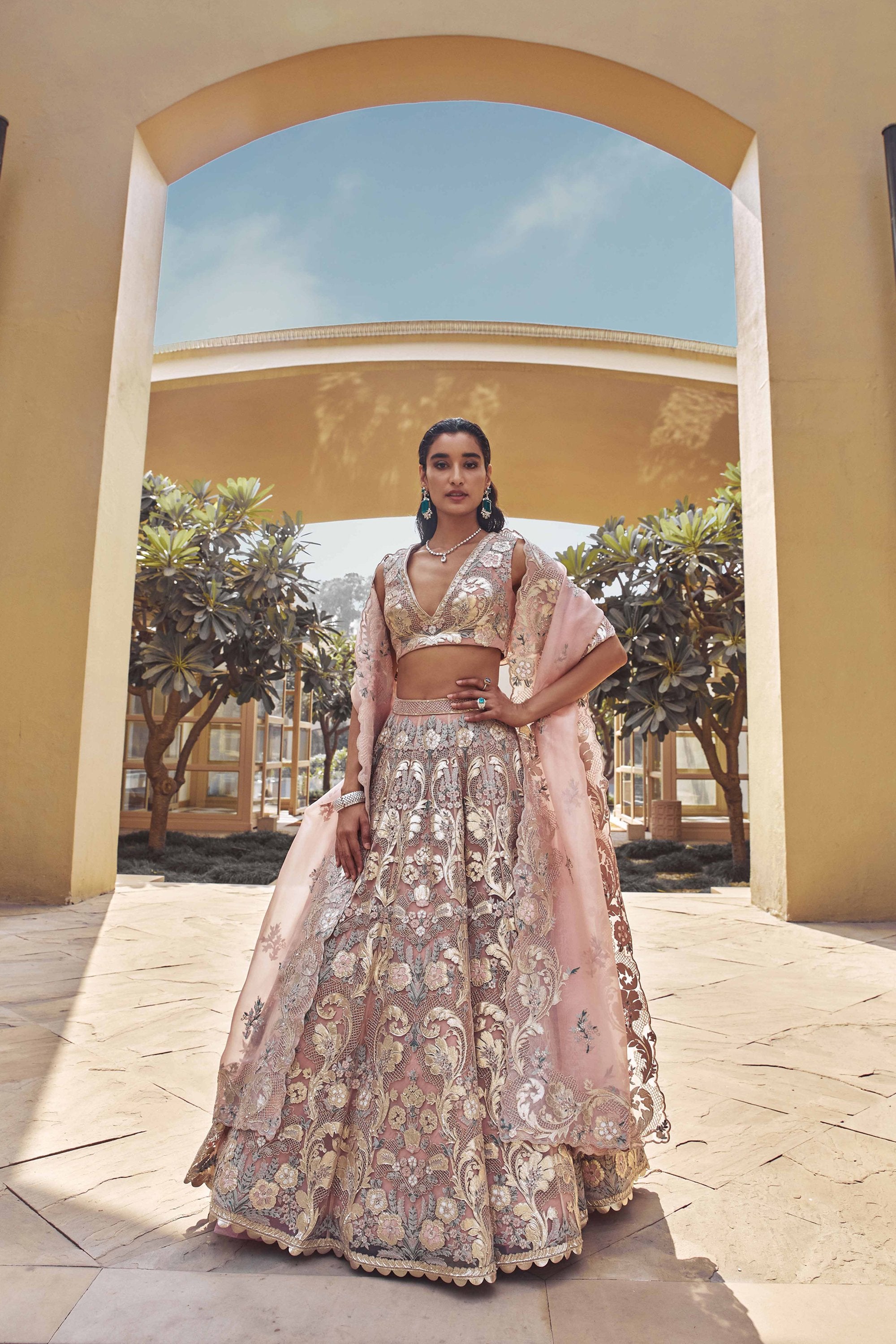 QUPID SHELL PINK HAND-EMBELLISHED LEHENGA SET