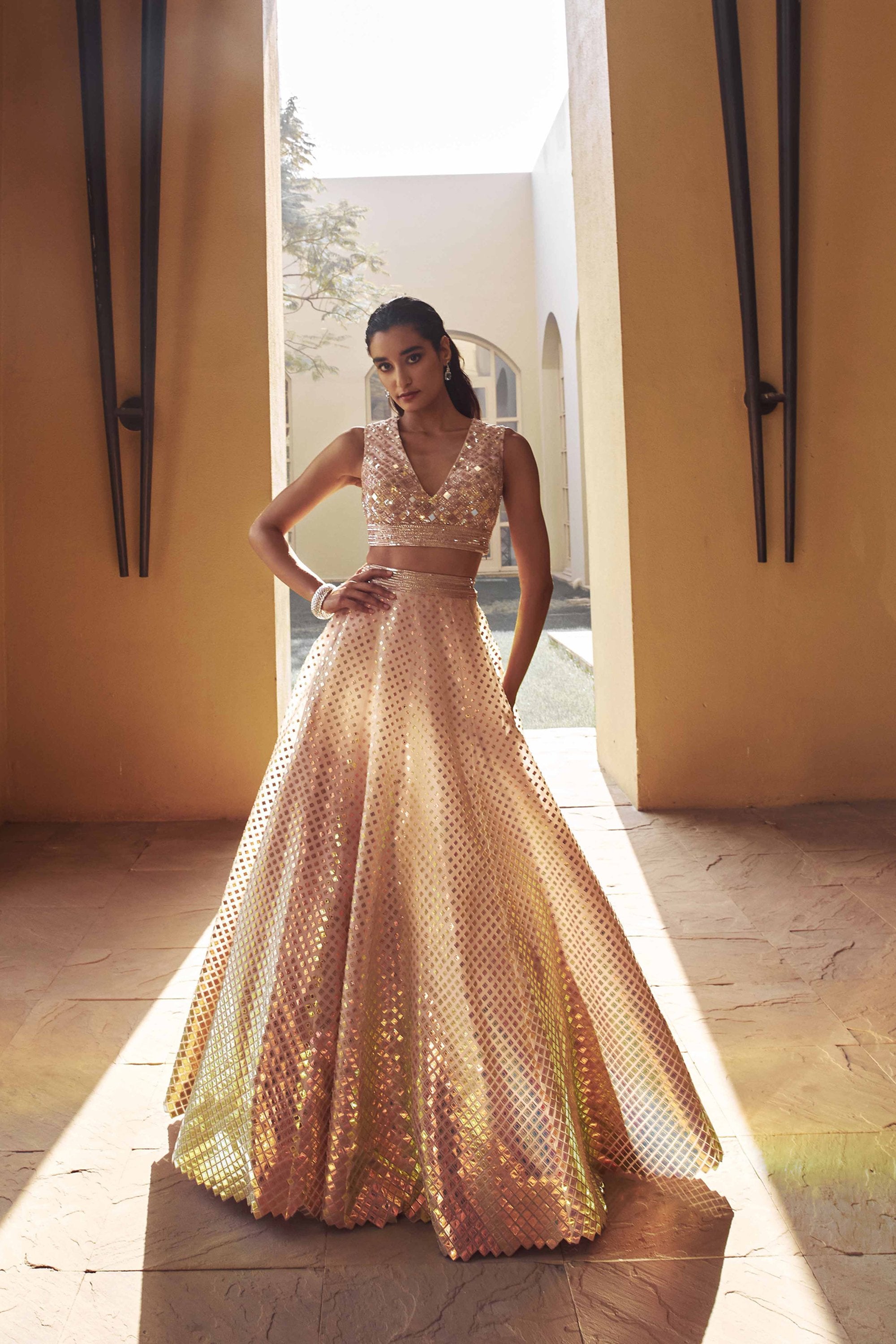 ZIRCONIUM IRIDESCENT GOLD HAND-EMBELLISHED LEHENGA SET