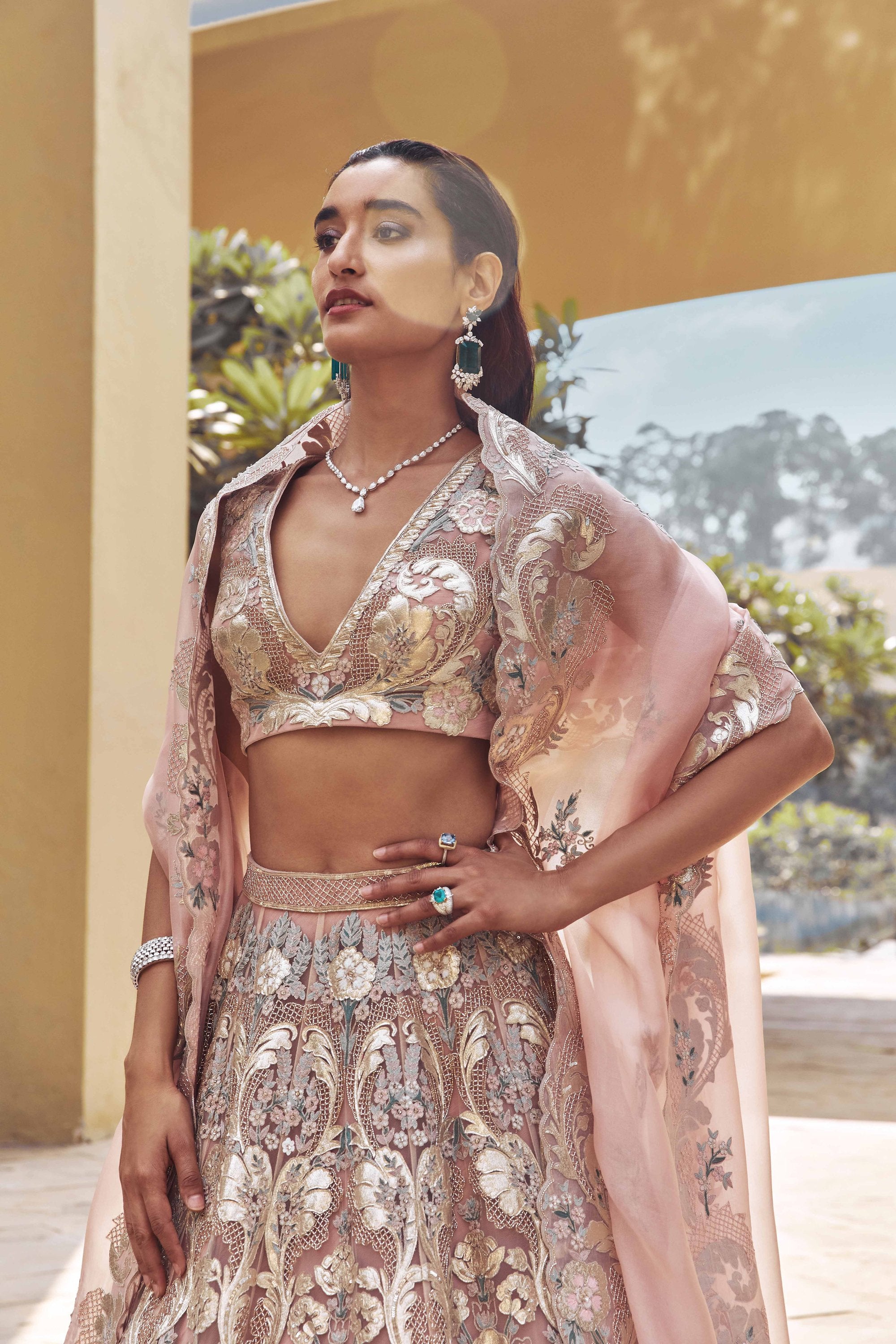 QUPID SHELL PINK HAND-EMBELLISHED LEHENGA SET