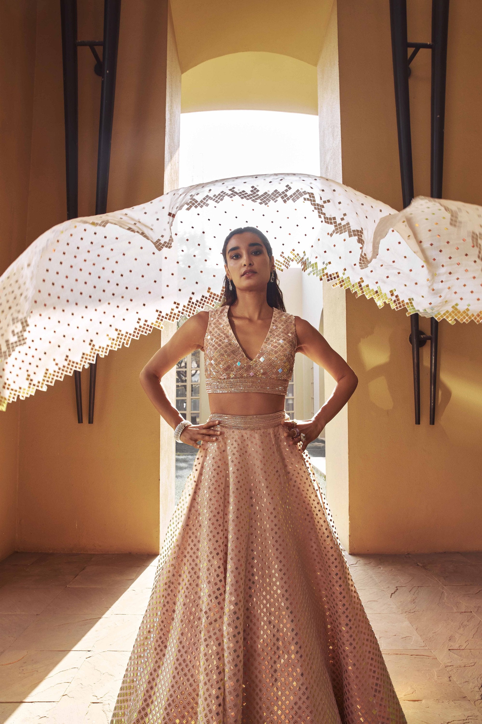 ZIRCONIUM IRIDESCENT GOLD HAND-EMBELLISHED LEHENGA SET