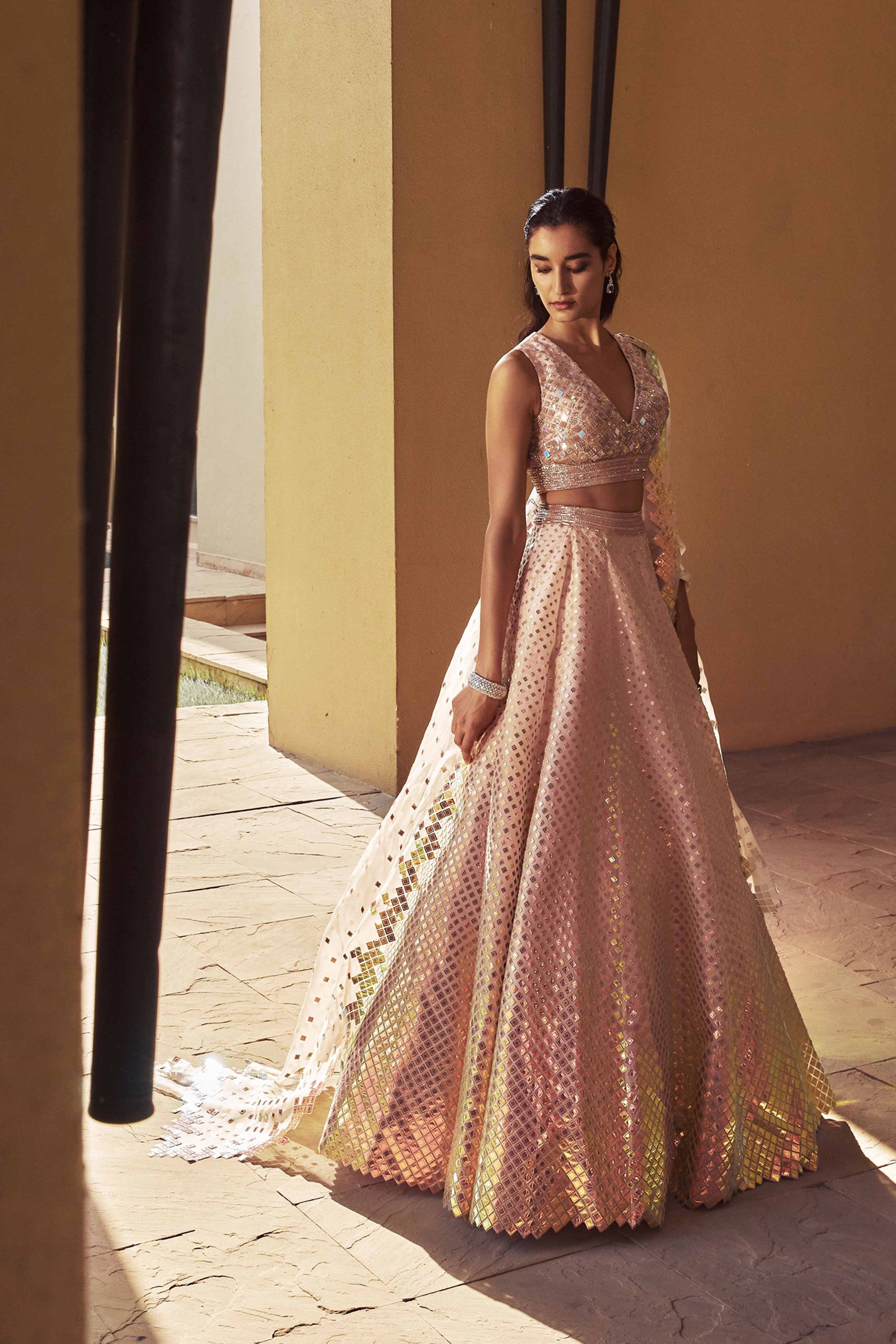 ZIRCONIUM IRIDESCENT GOLD HAND-EMBELLISHED LEHENGA SET