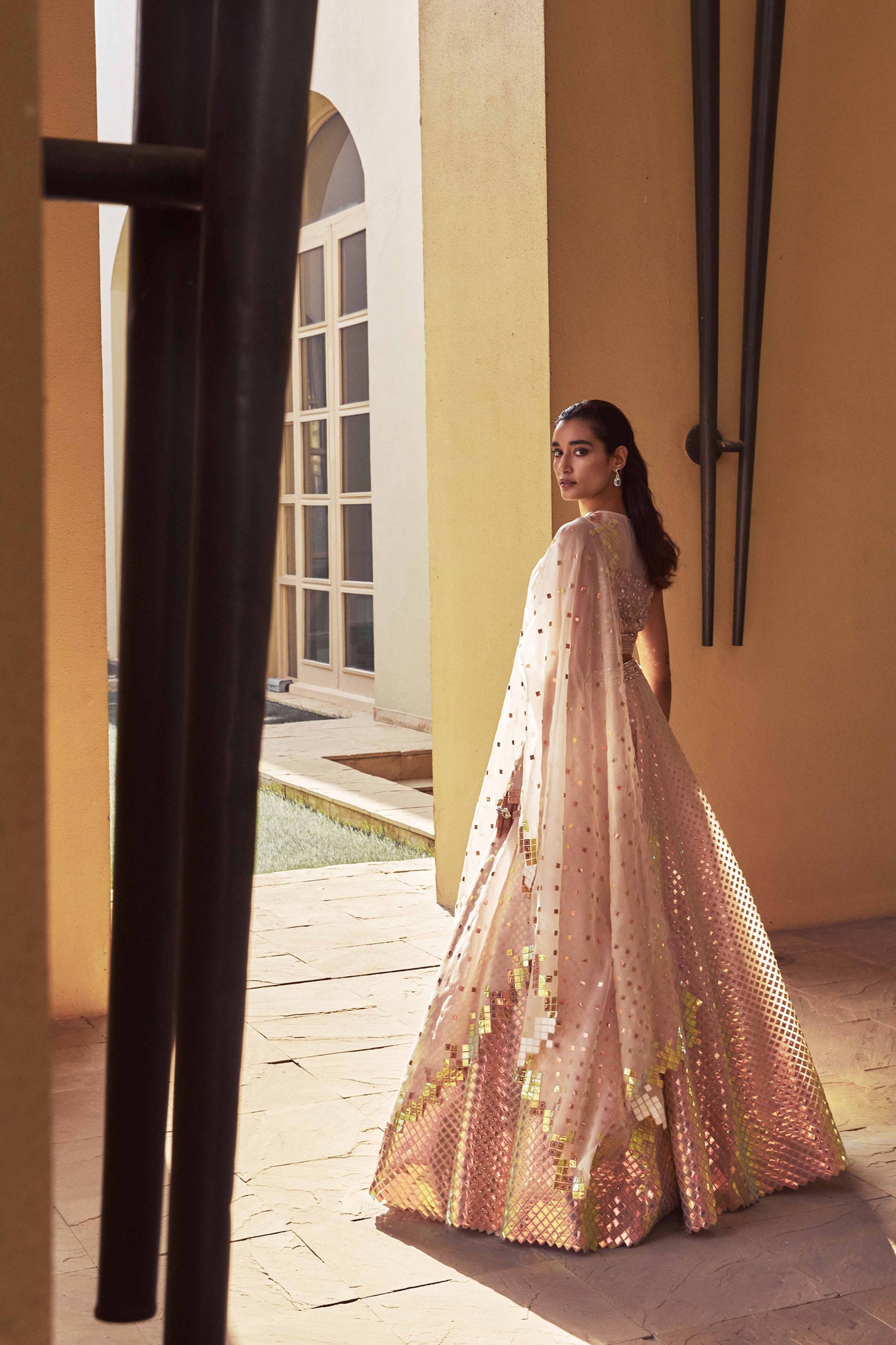 ZIRCONIUM IRIDESCENT GOLD HAND-EMBELLISHED LEHENGA SET