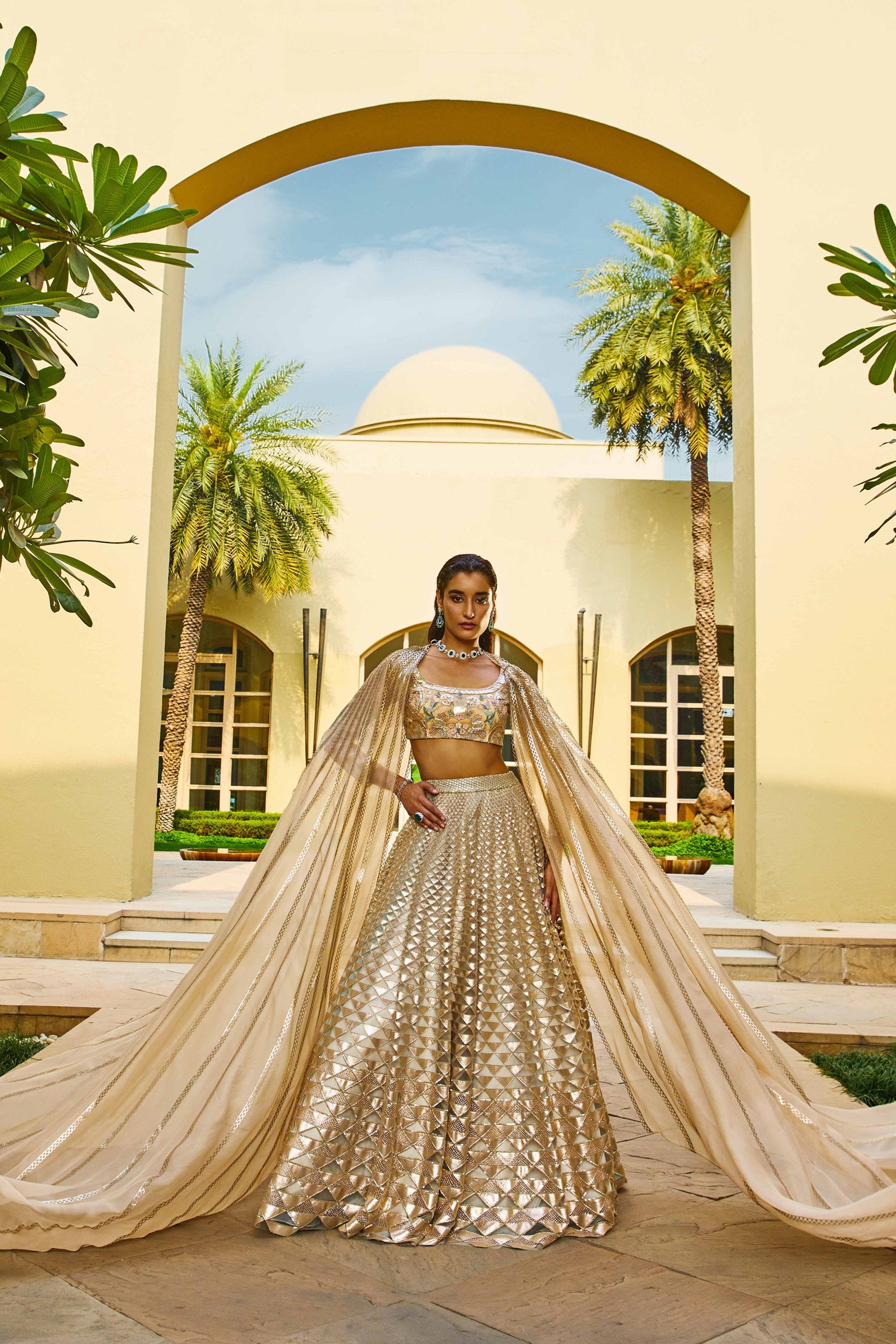 QUPID MINT-GOLD HAND-EMBELLISHED LEHENGA SET