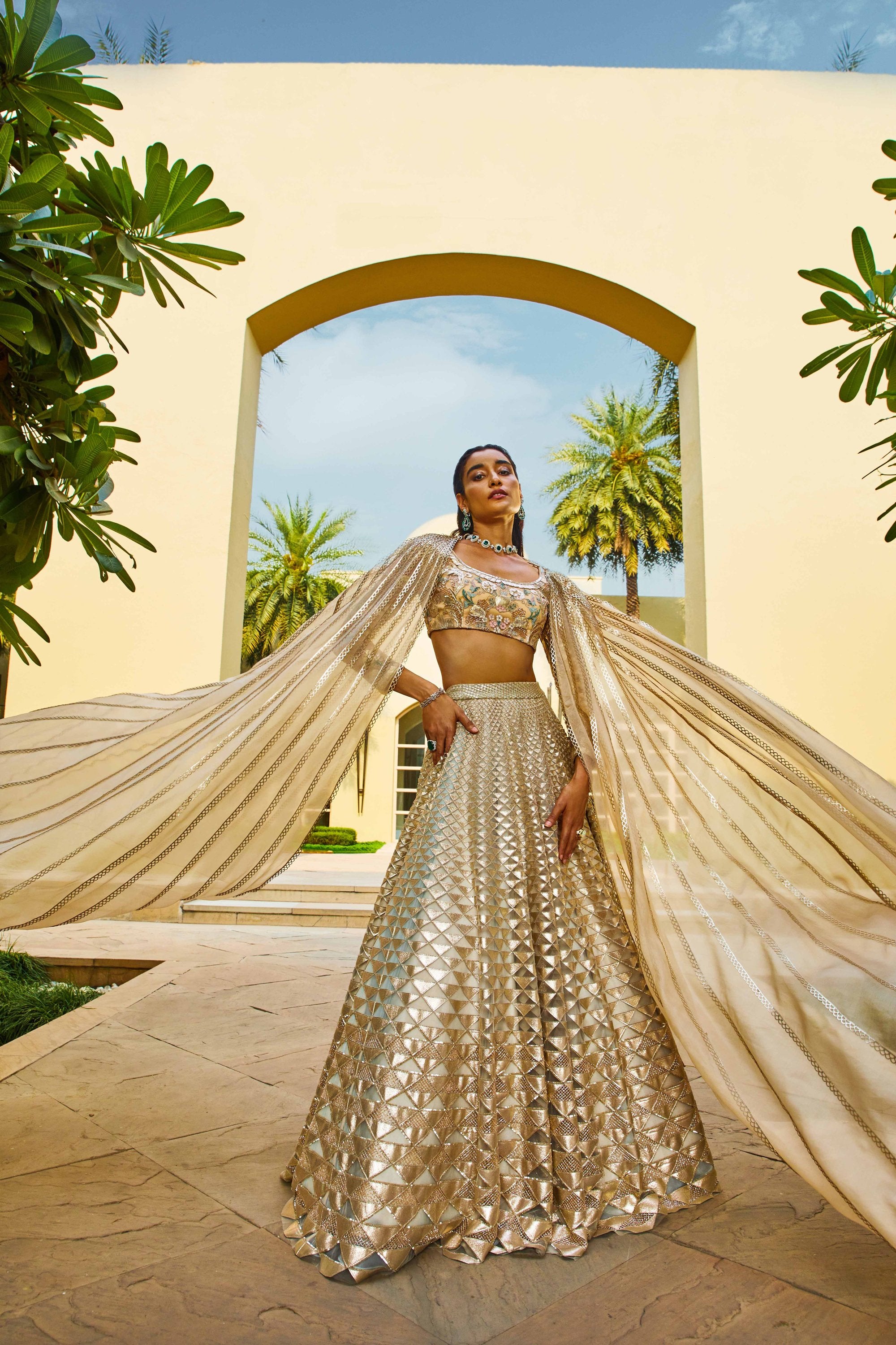QUPID MINT-GOLD HAND-EMBELLISHED LEHENGA SET