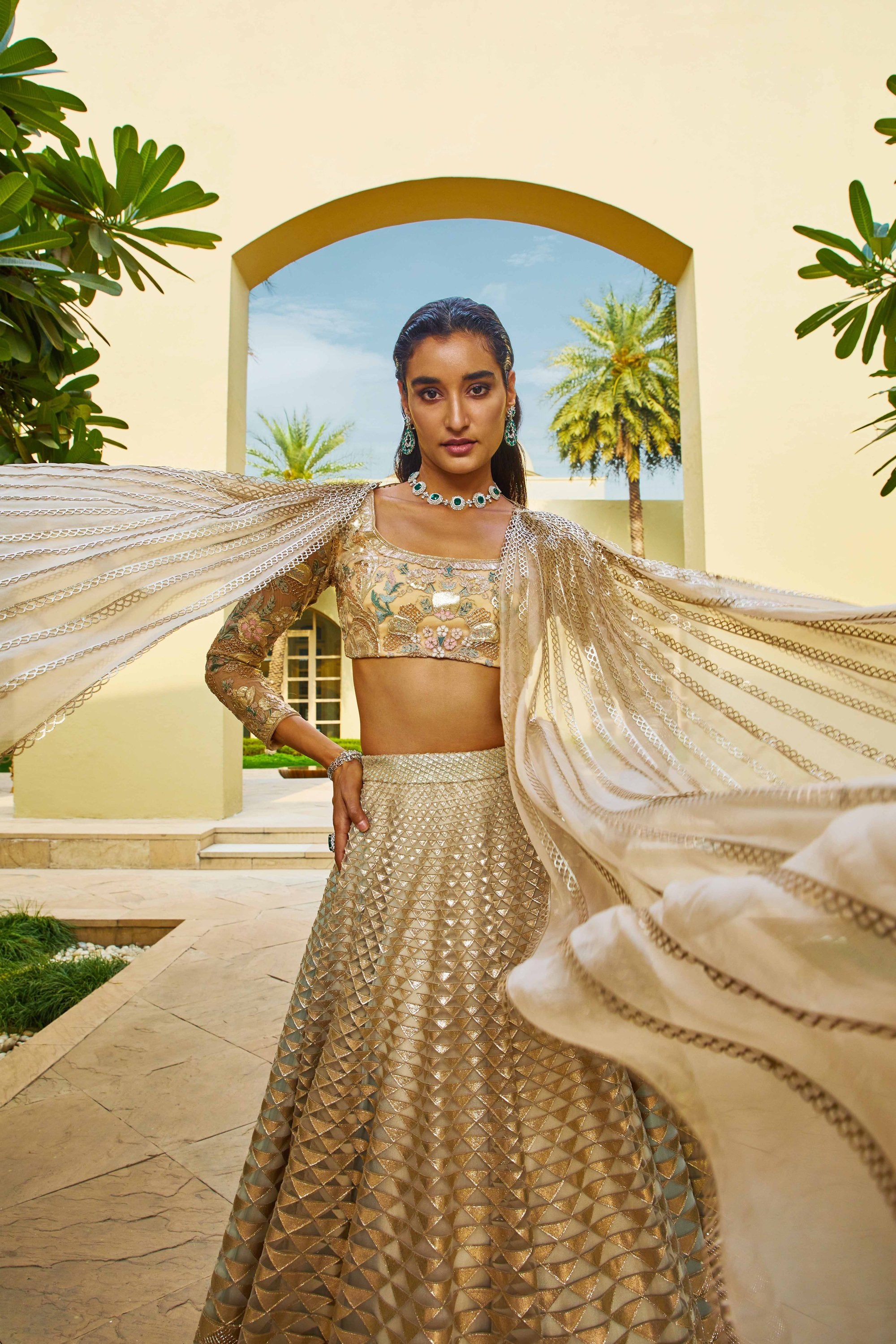 QUPID MINT-GOLD HAND-EMBELLISHED LEHENGA SET